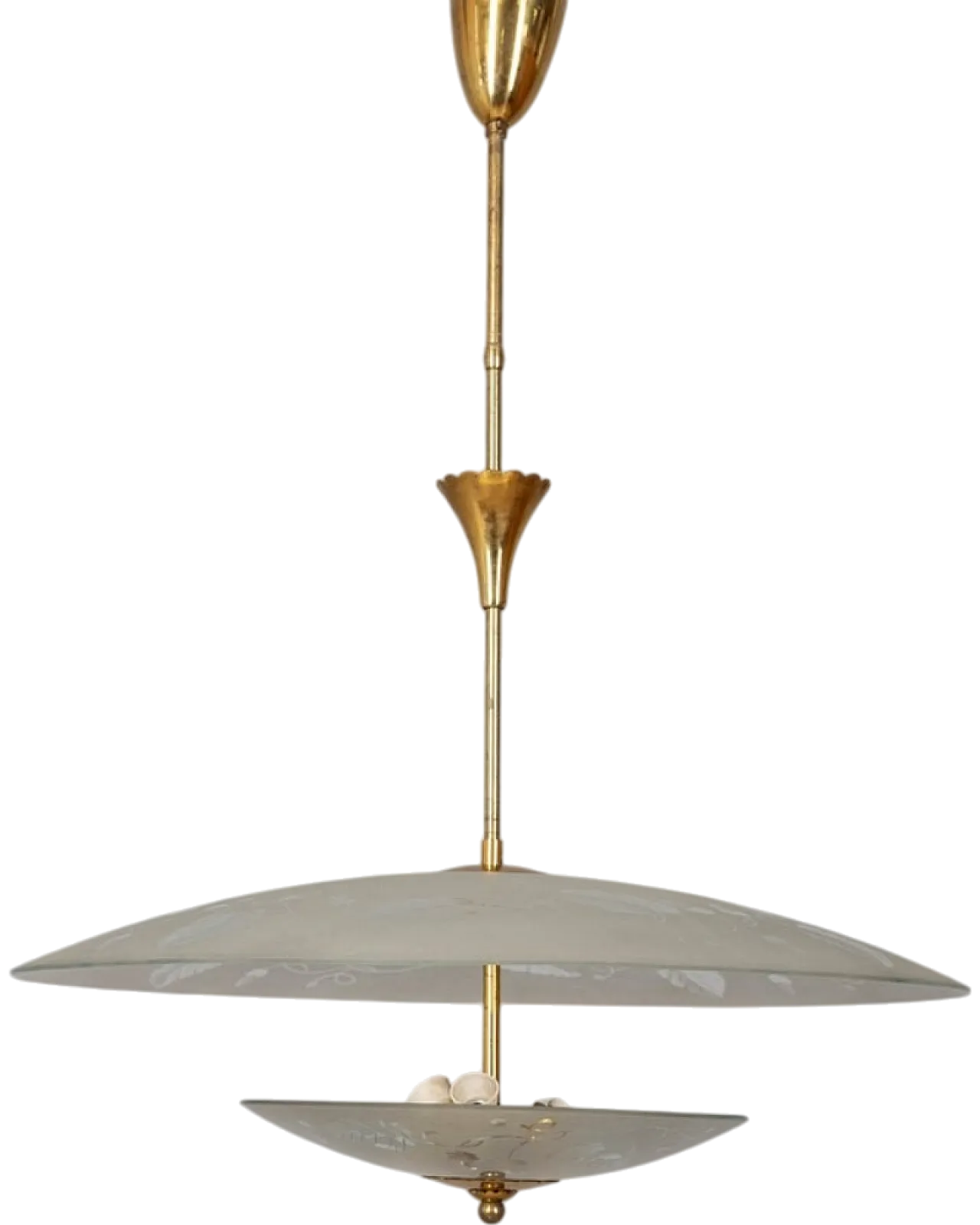 Lampada a sospensione in cristallo decorato e ottone, anni '40 10