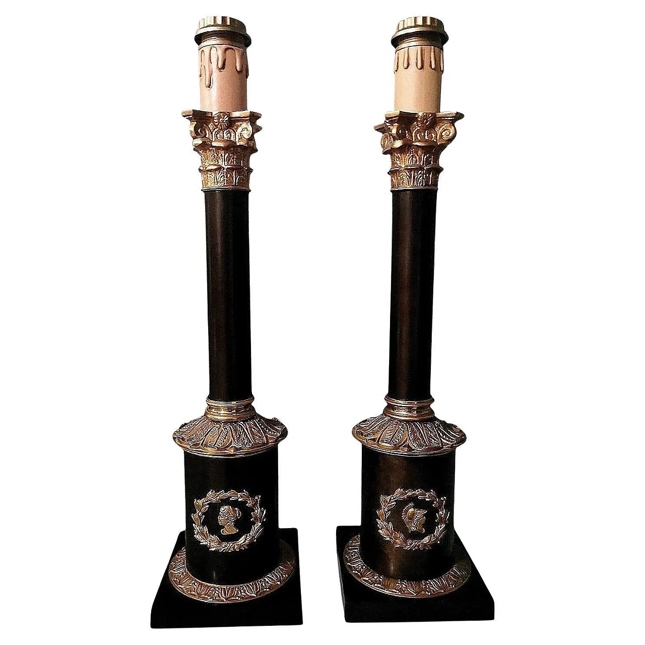 Pair of Empire-style lamps in bronze and brass, 1970s 1