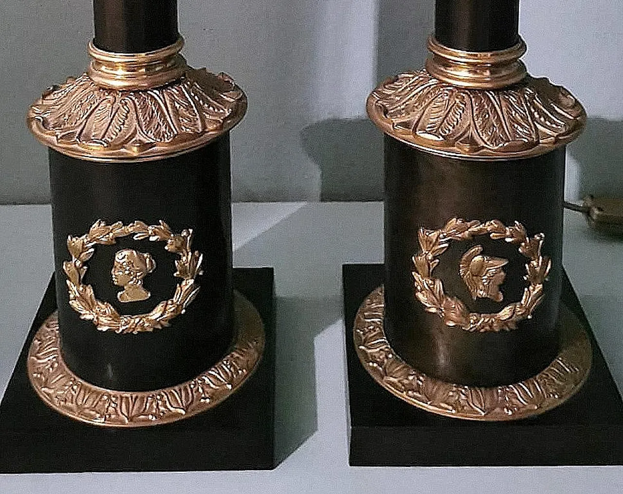 Pair of Empire-style lamps in bronze and brass, 1970s 5