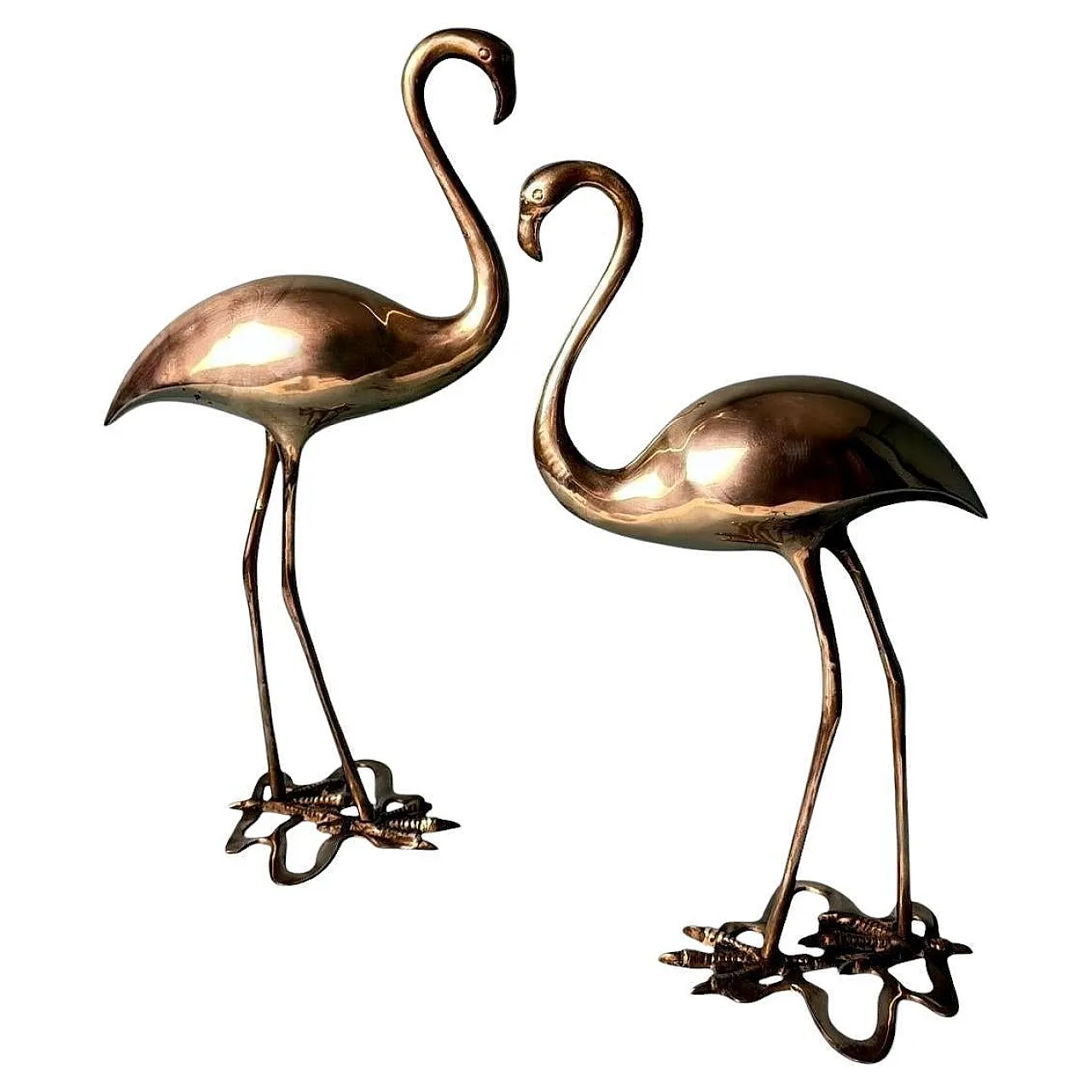 Pair of brass flamingo sculptures in a basin, 1970s 1