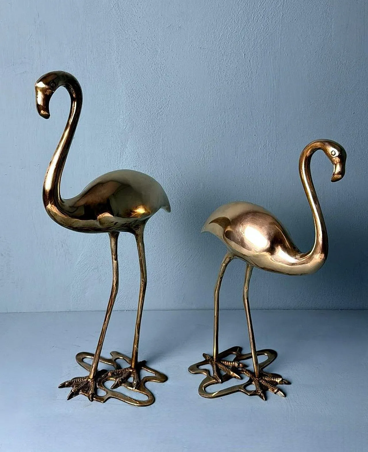 Pair of brass flamingo sculptures in a basin, 1970s 2