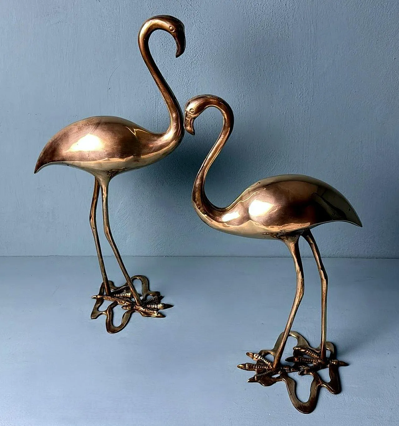 Pair of brass flamingo sculptures in a basin, 1970s 3