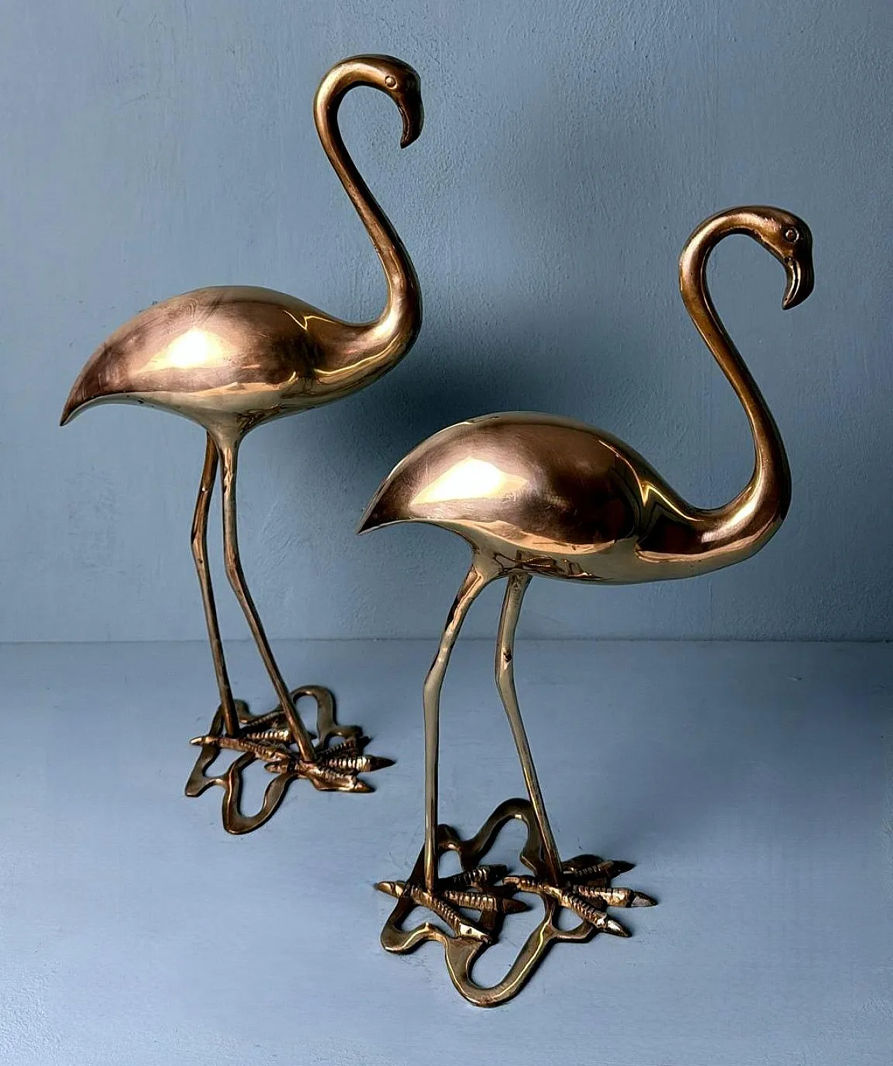 Pair of brass flamingo sculptures in a basin, 1970s 4