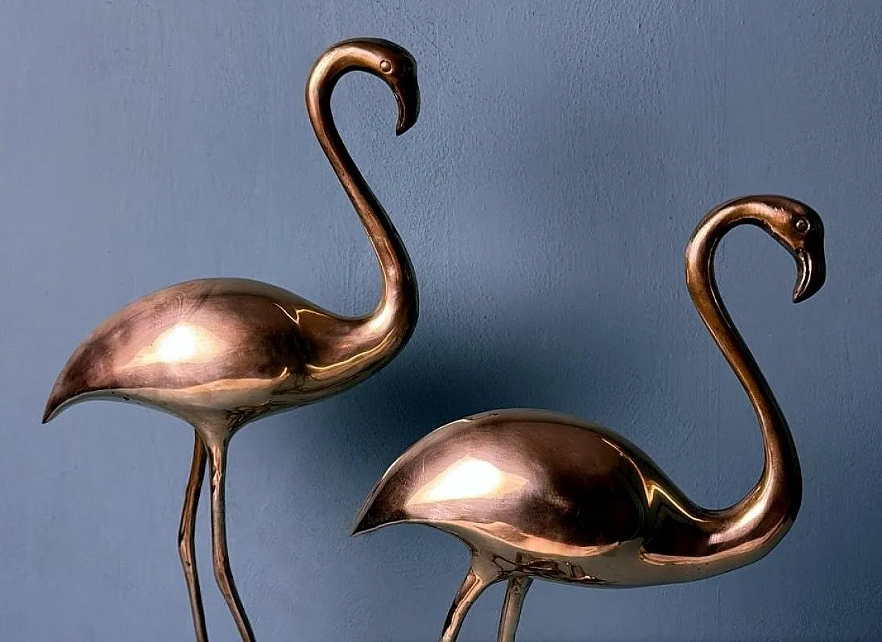 Pair of brass flamingo sculptures in a basin, 1970s 6