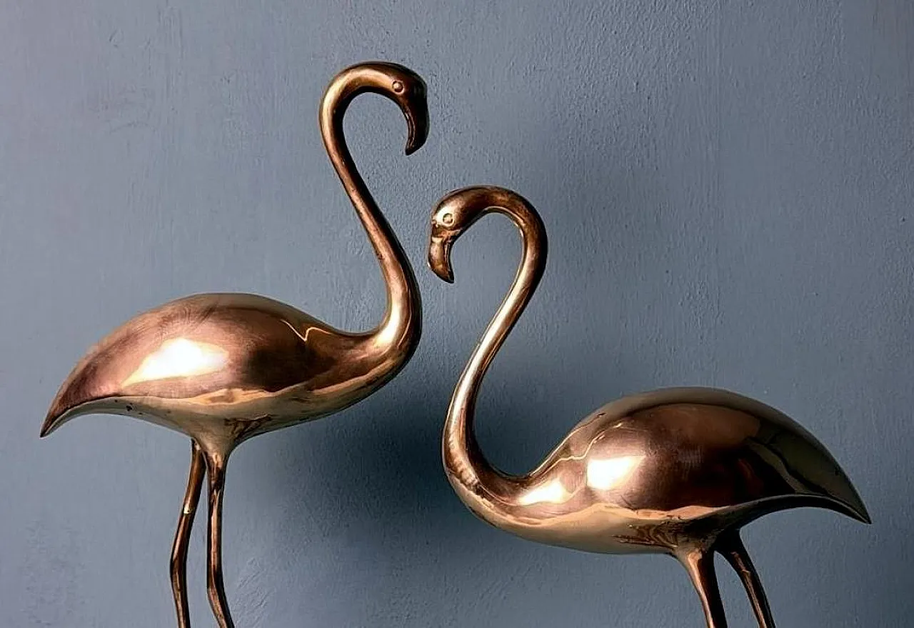 Pair of brass flamingo sculptures in a basin, 1970s 7