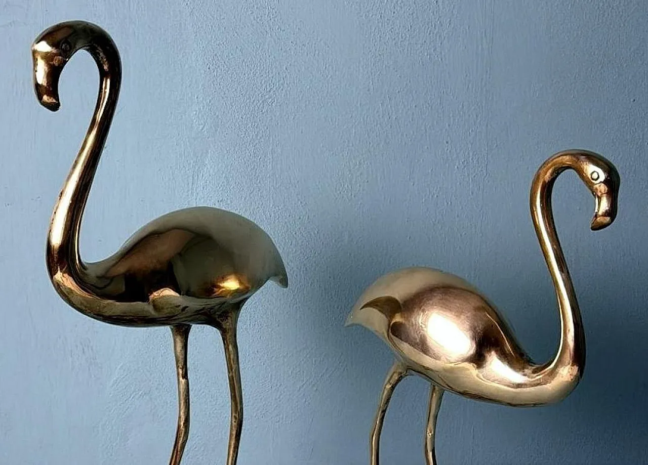 Pair of brass flamingo sculptures in a basin, 1970s 8