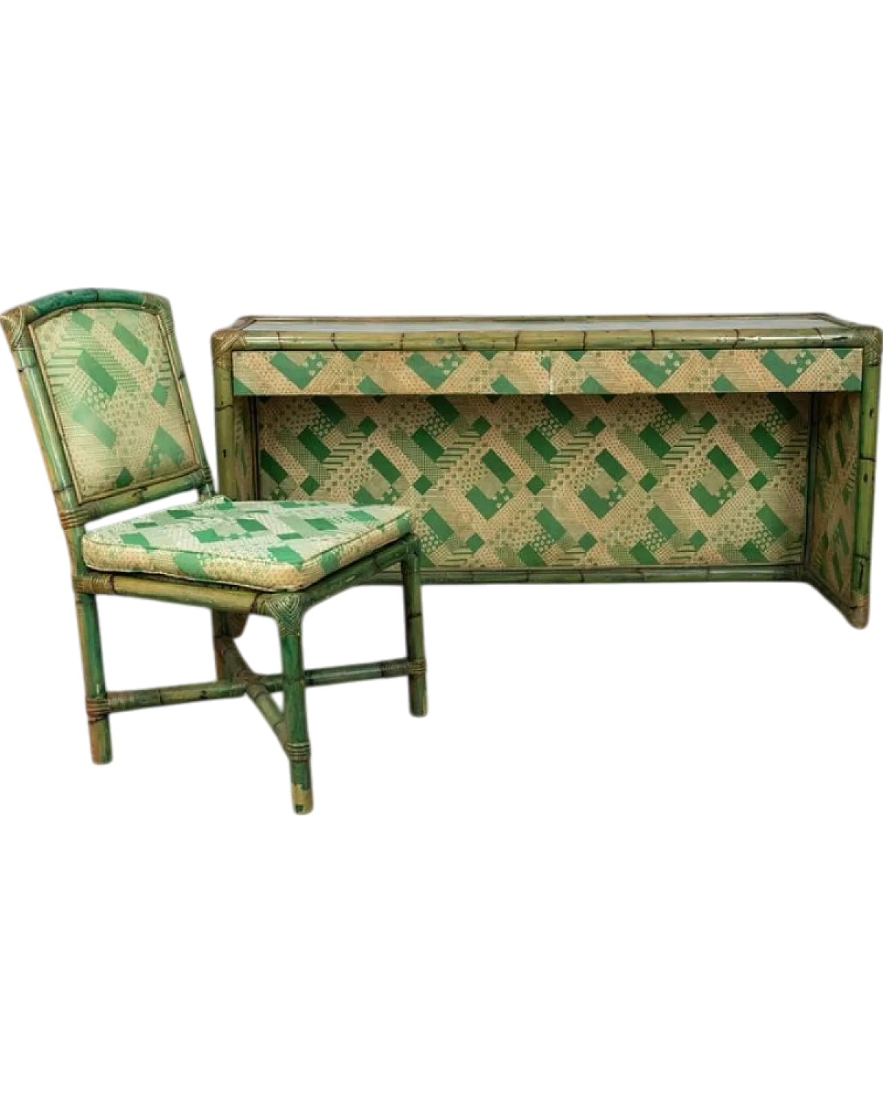 Vivai Del Sud green bamboo and fabric desk and chair, 1960s 14