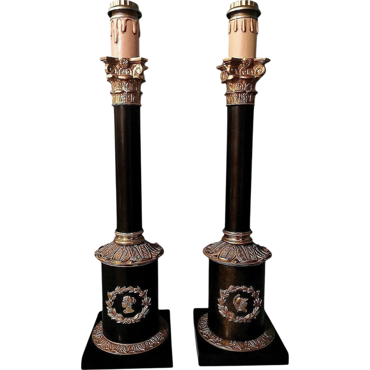 Pair of Empire-style lamps in bronze and brass, 1970s 21