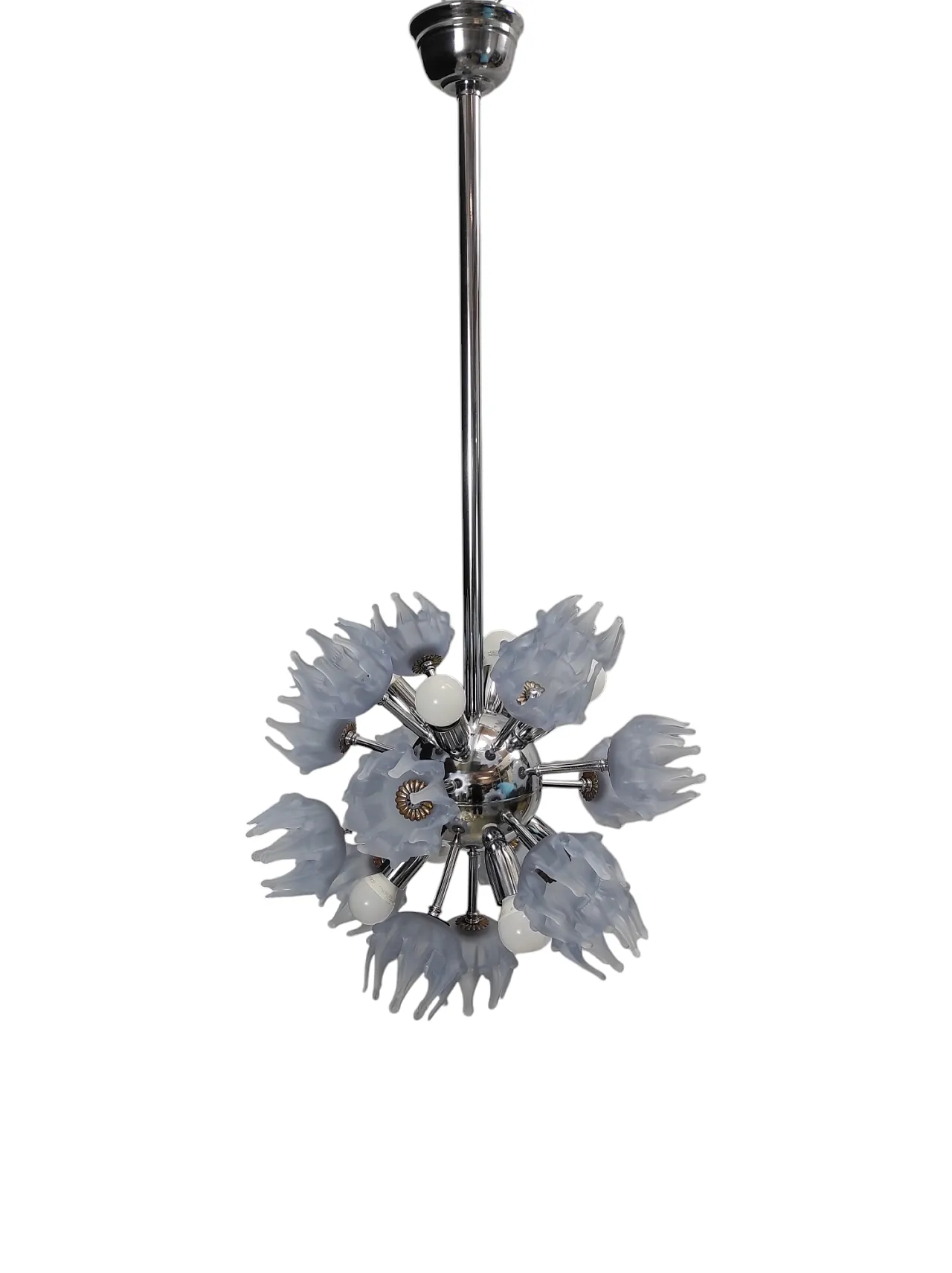 Suspension chandelier in chromed steel and Murano glass, 1970s 1