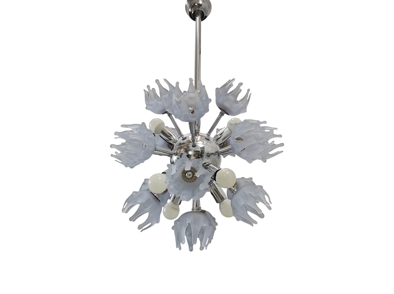 Suspension chandelier in chromed steel and Murano glass, 1970s 5