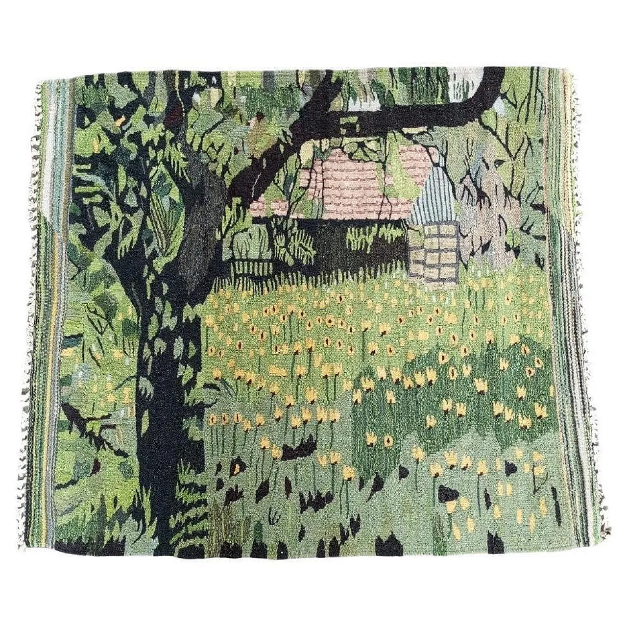 European tapestry with green hue with handmade wool landscape, 70s 1