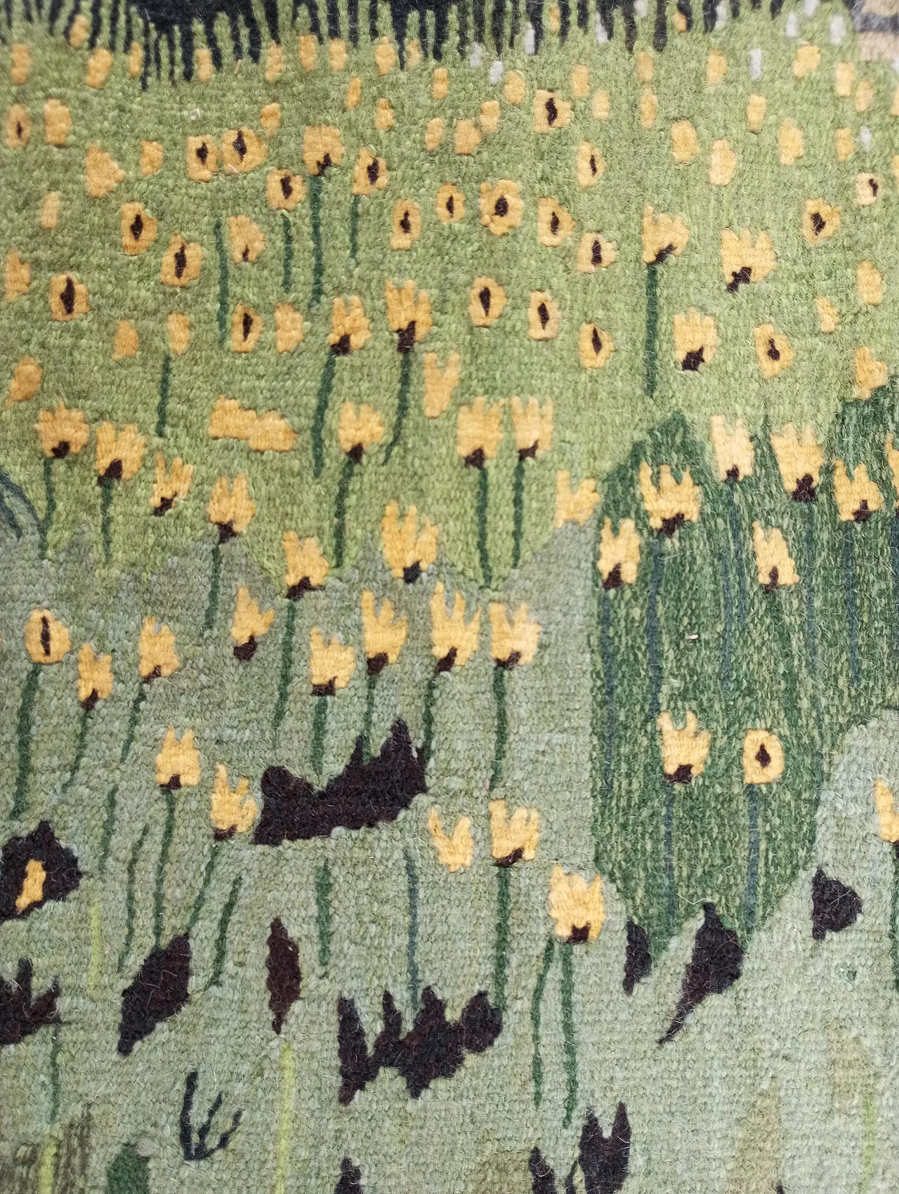 European tapestry with green hue with handmade wool landscape, 70s 6