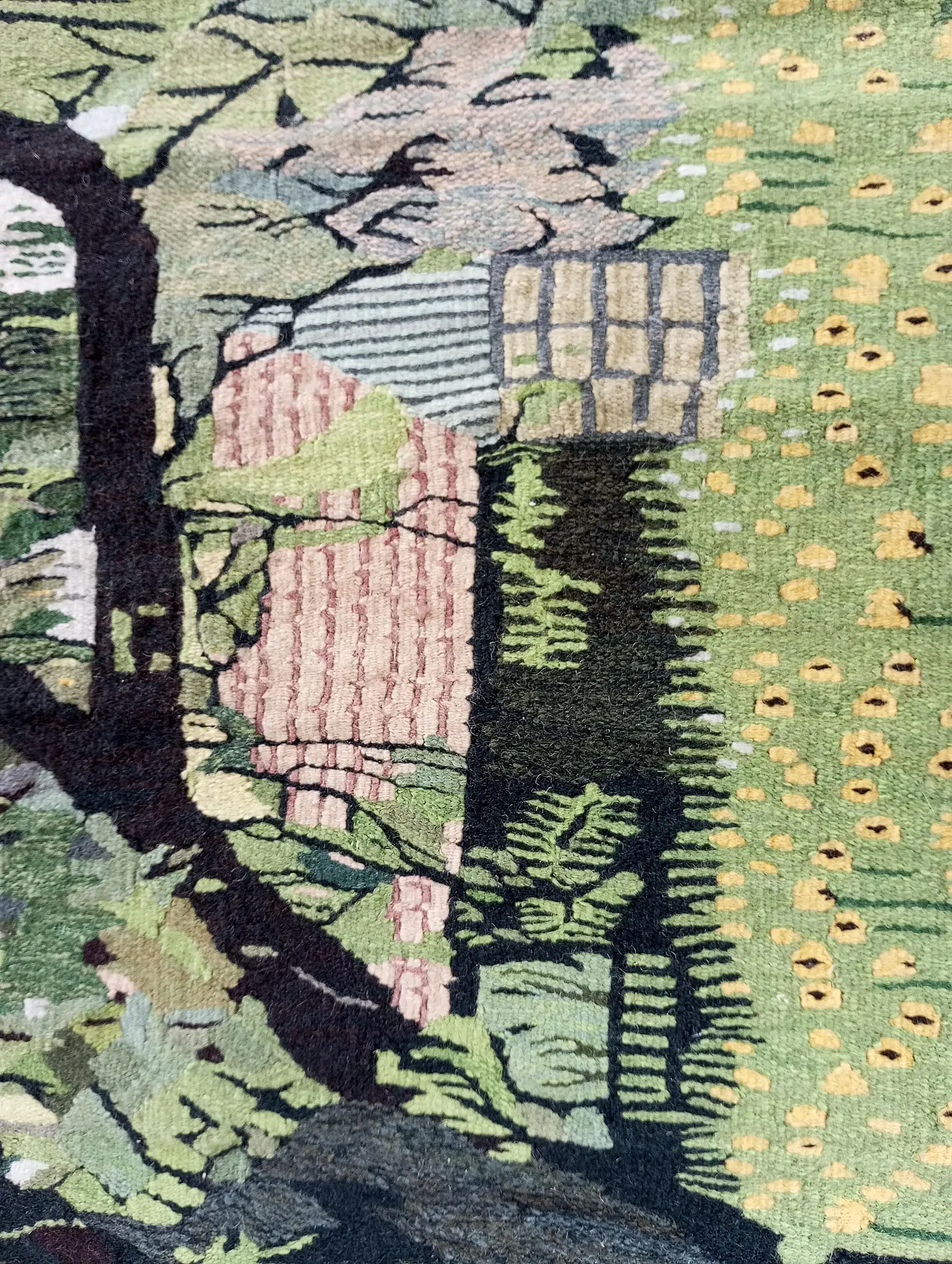 European tapestry with green hue with handmade wool landscape, 70s 9