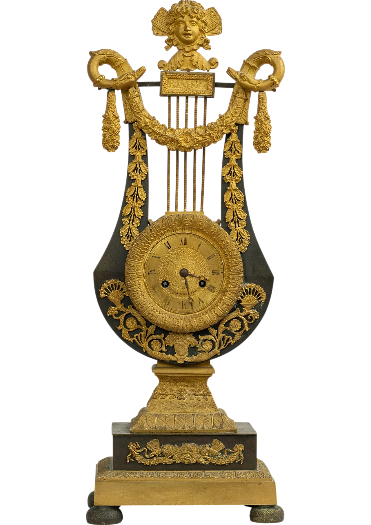 Ancient Empire Lyre clock in gilded bronze and bronze, 19th century 6