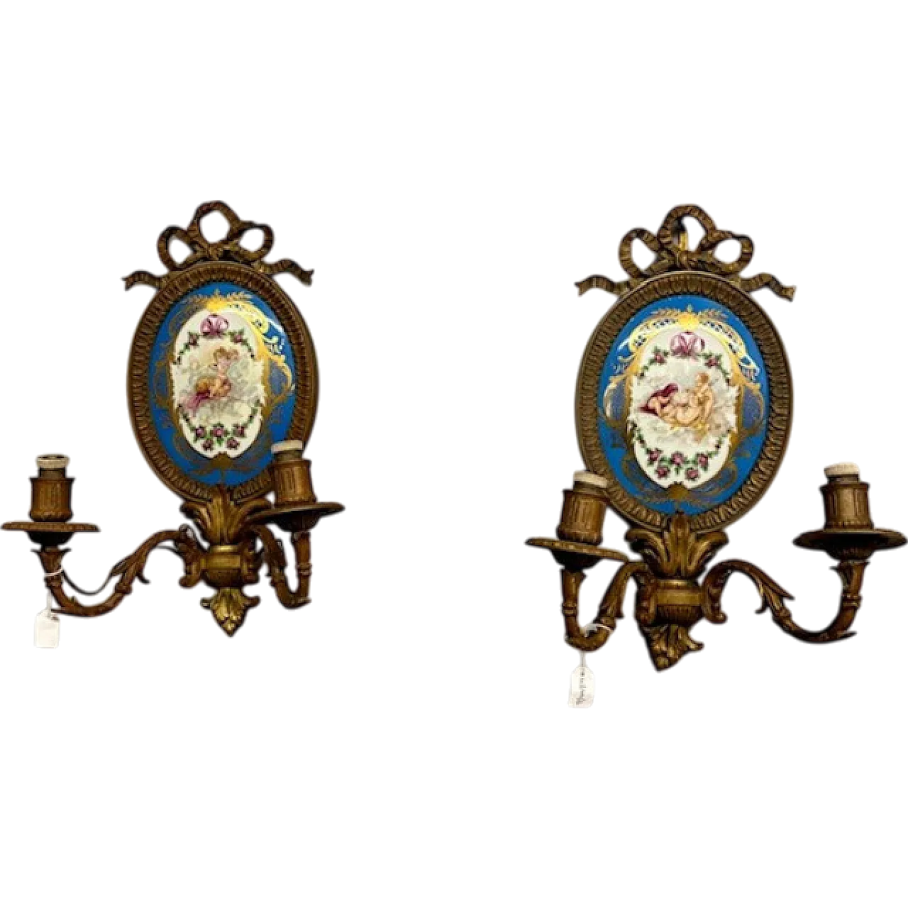 Pair of bronze appliques with painted plaque, early 19th century 12