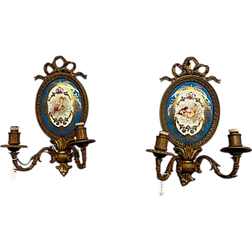 Pair of bronze appliques with painted plaque, early 19th century