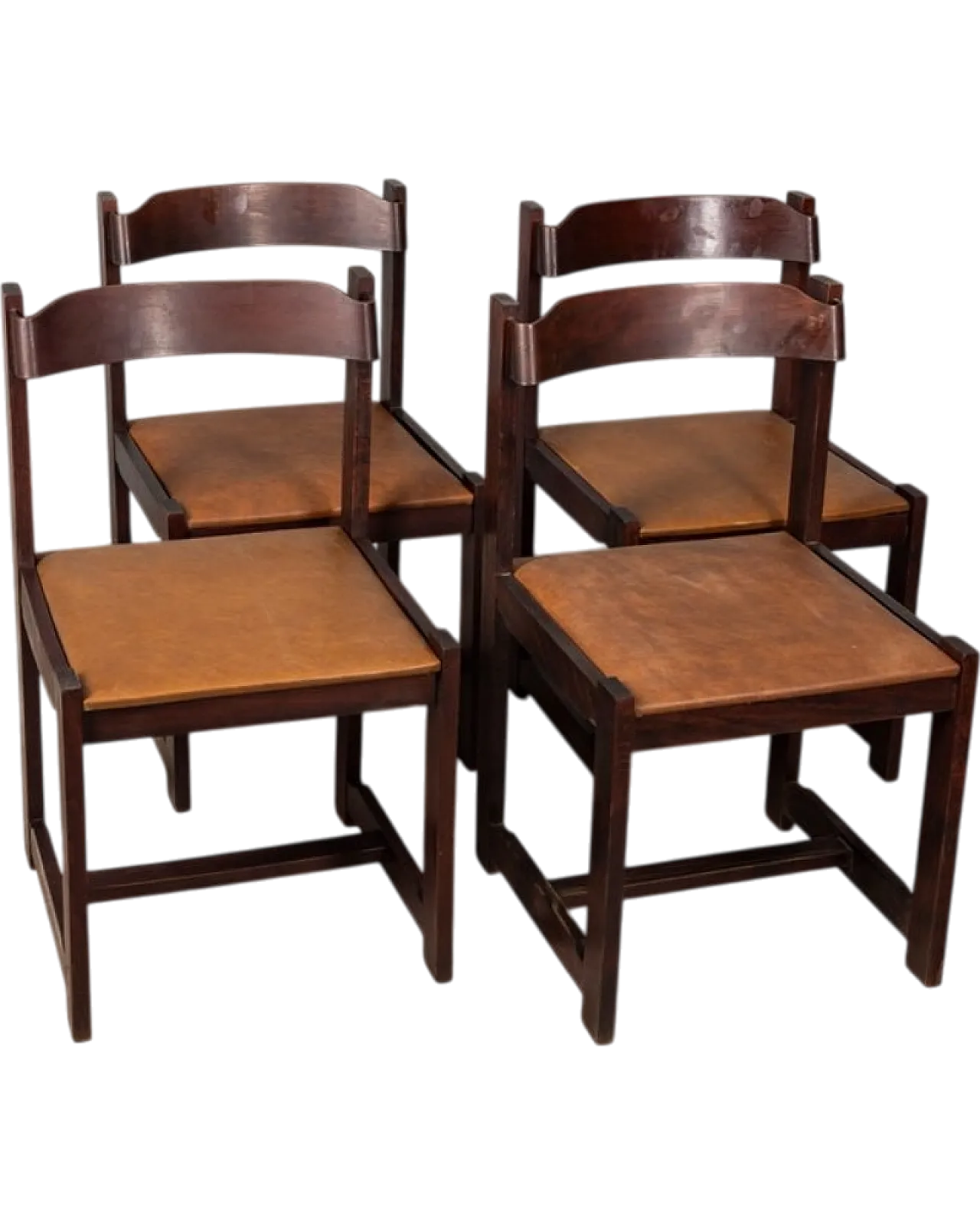 4 Dining chairs in wood and brown leather, 1970s 8