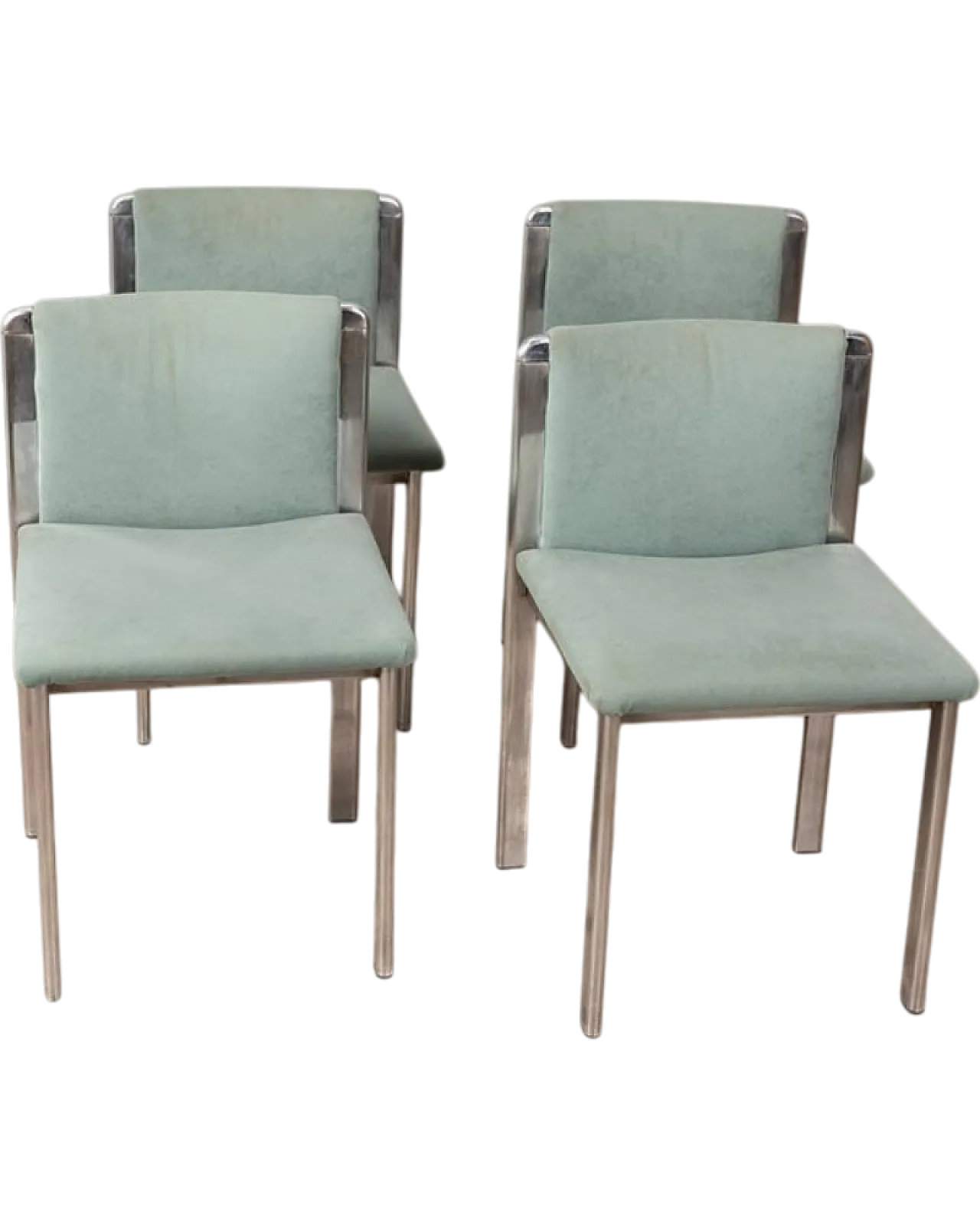 4 Metal and turquoise fabric dining chairs, 1970s 9