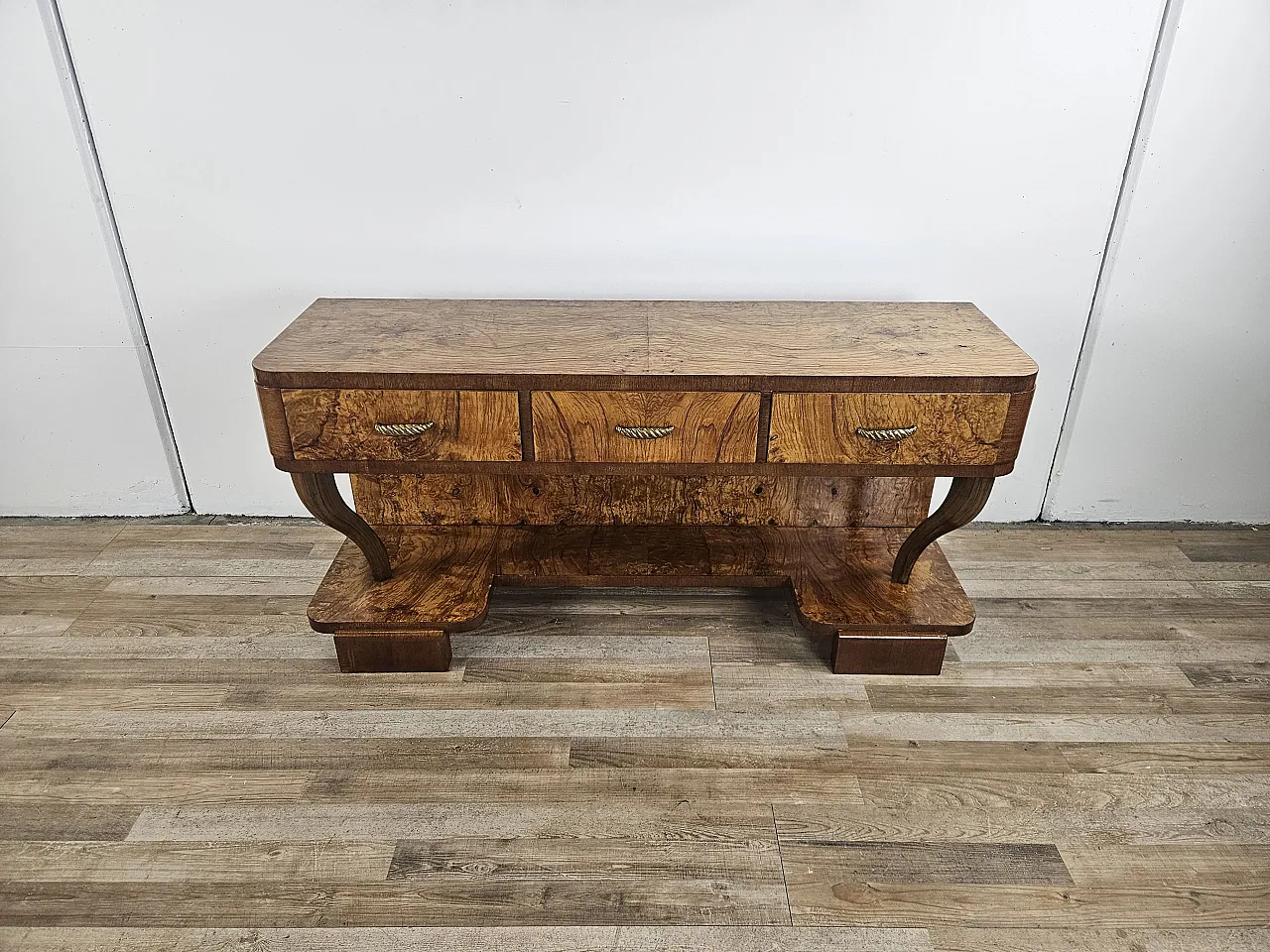 Art Deco console in walnut root with 3 drawers, 1930s 1