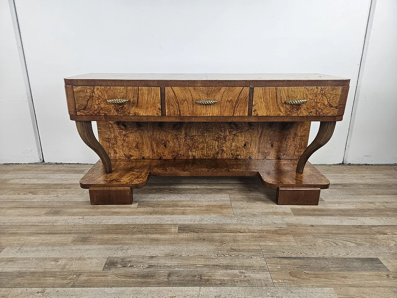 Art Deco console in walnut root with 3 drawers, 1930s 2