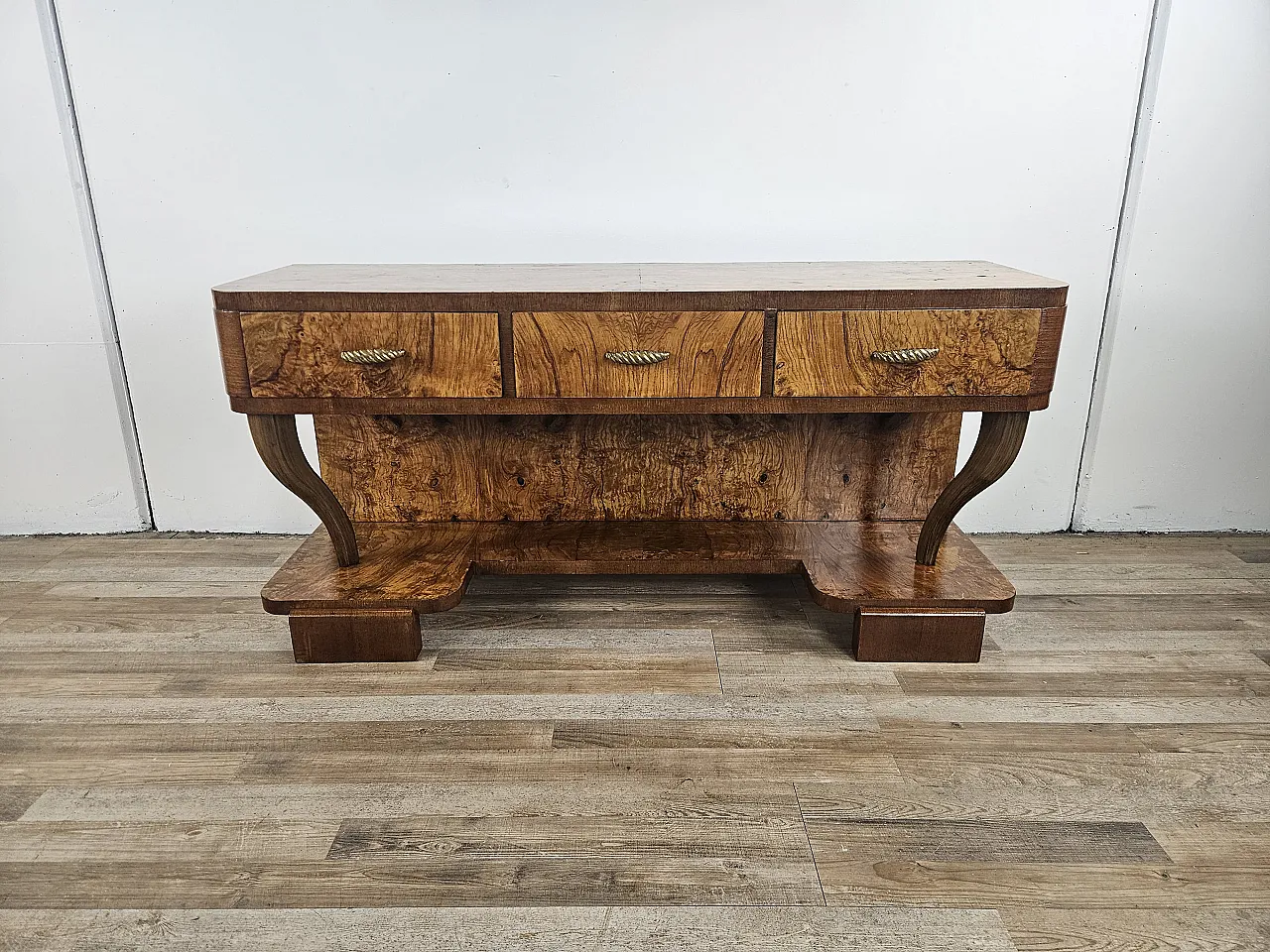 Art Deco console in walnut root with 3 drawers, 1930s 3