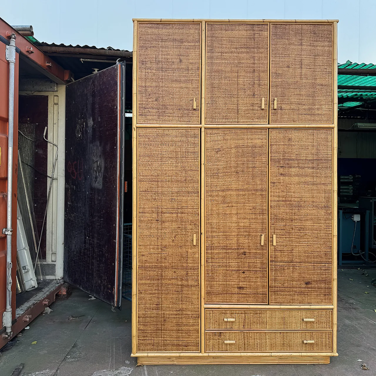 Large wicker and bamboo wardrobe, 70s 1