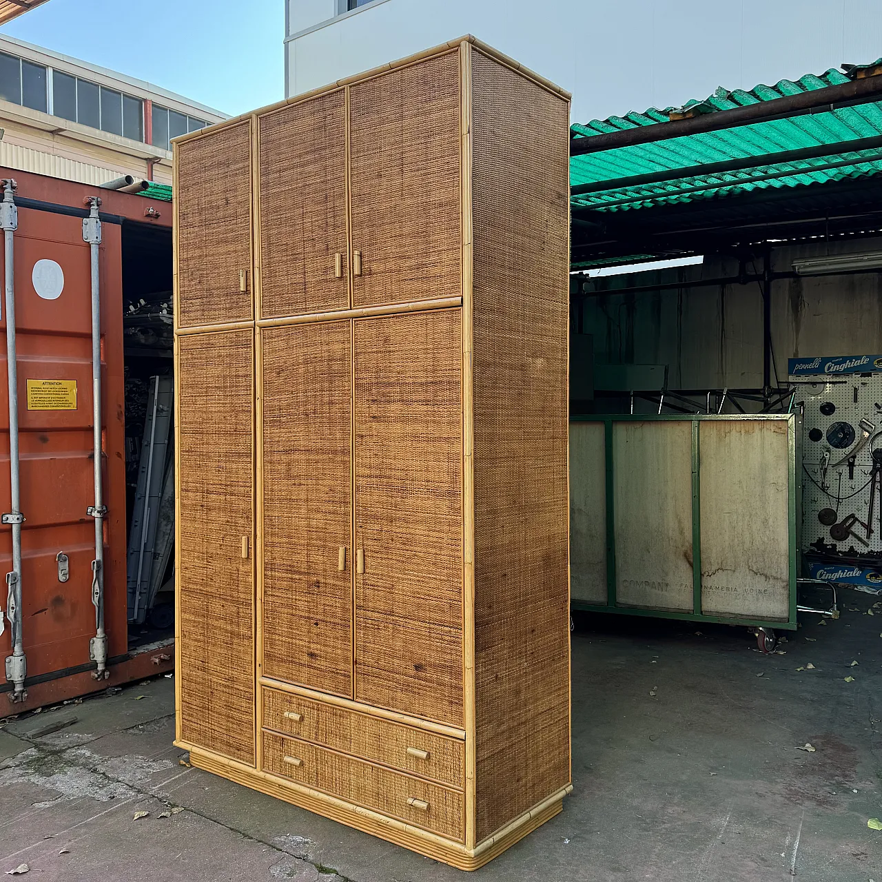 Large wicker and bamboo wardrobe, 70s 3