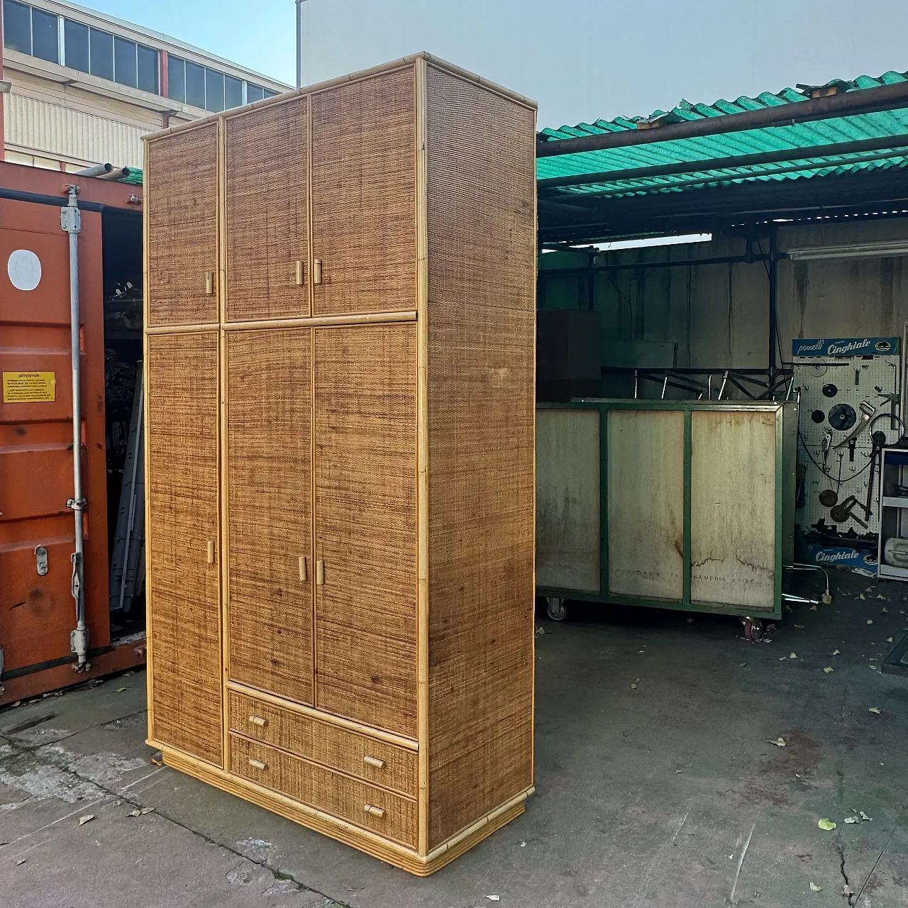 Large wicker and bamboo wardrobe, 70s 11