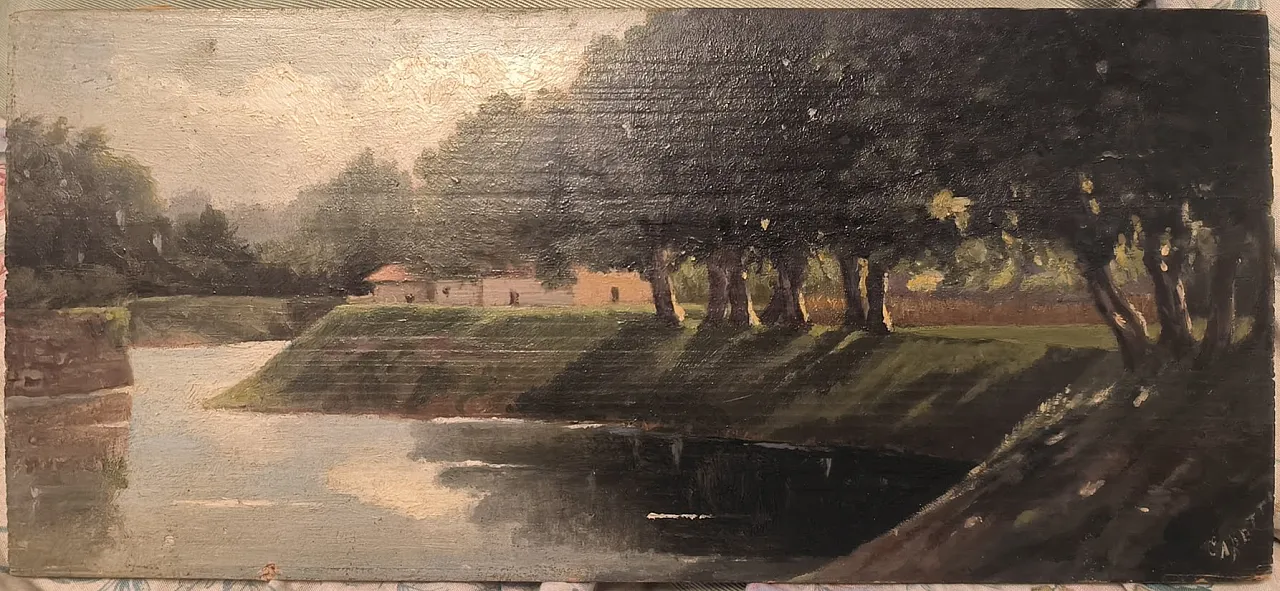 "Paesaggio Fluviale" firmato Caretti, olio su tavola, '800 10