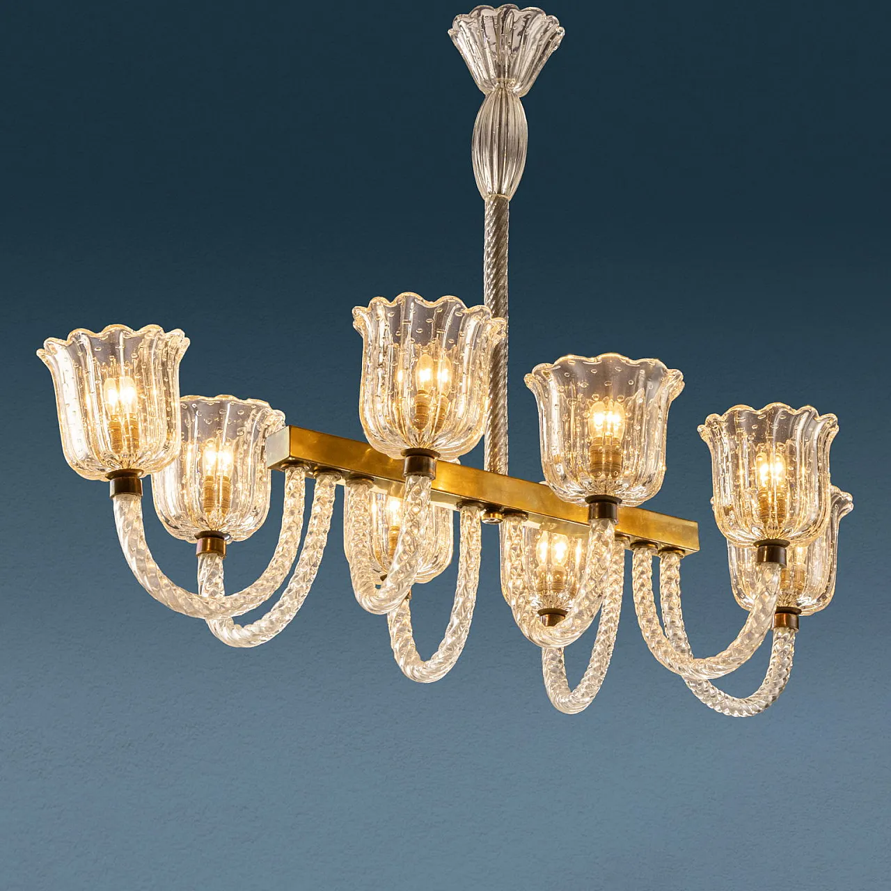 Lampadario a 8 luci in vetro di Murano ed ottone, anni '40 1