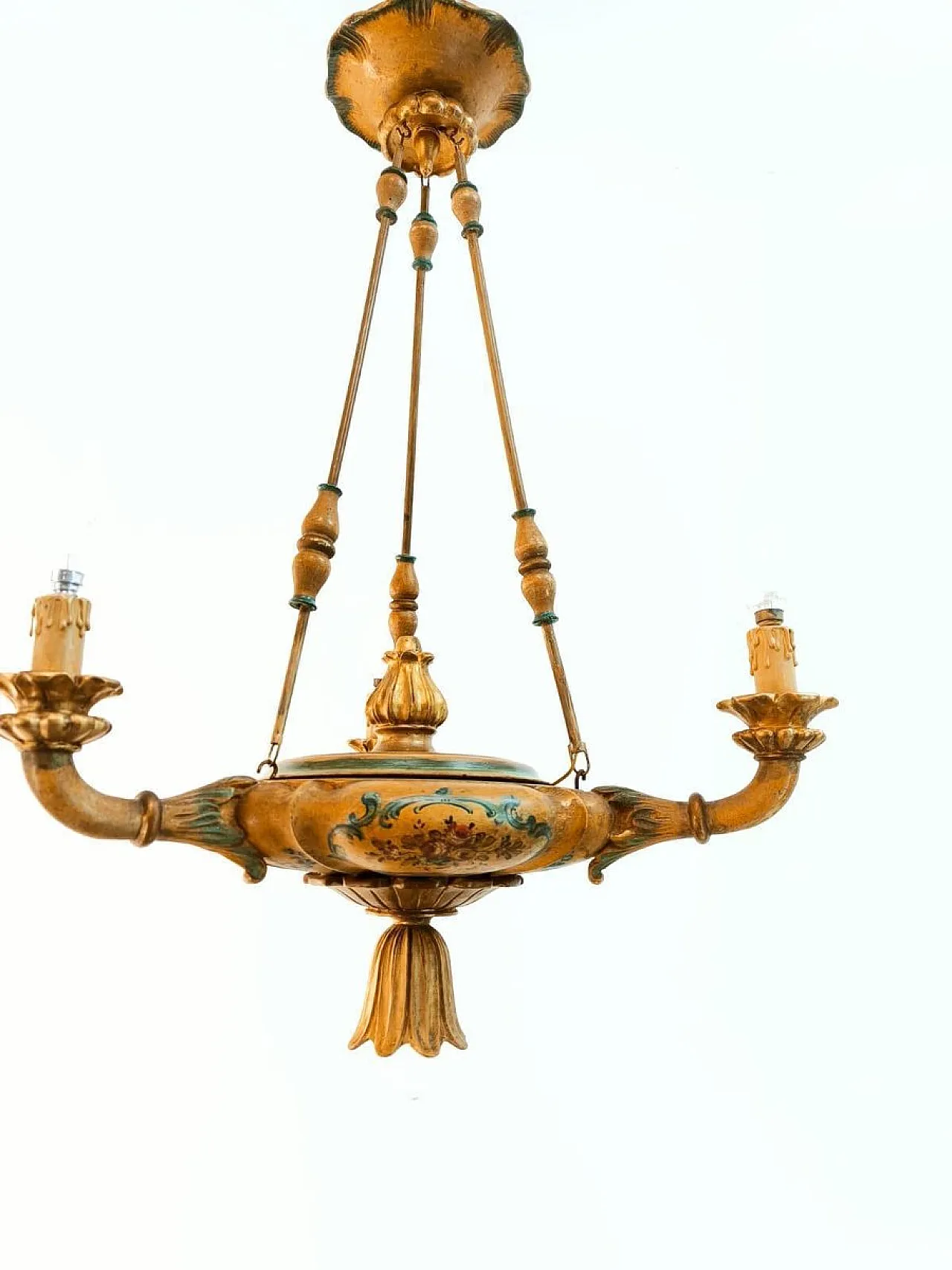 Four-light pendant lamp in decorated wood, 1940s 1