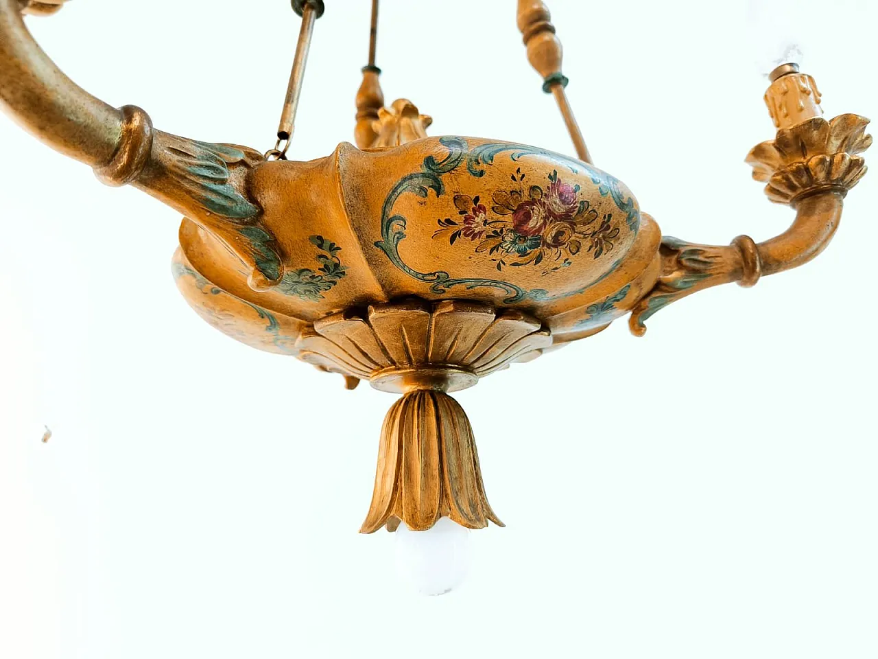 Four-light pendant lamp in decorated wood, 1940s 2