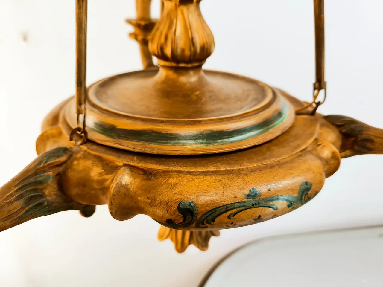 Four-light pendant lamp in decorated wood, 1940s 3