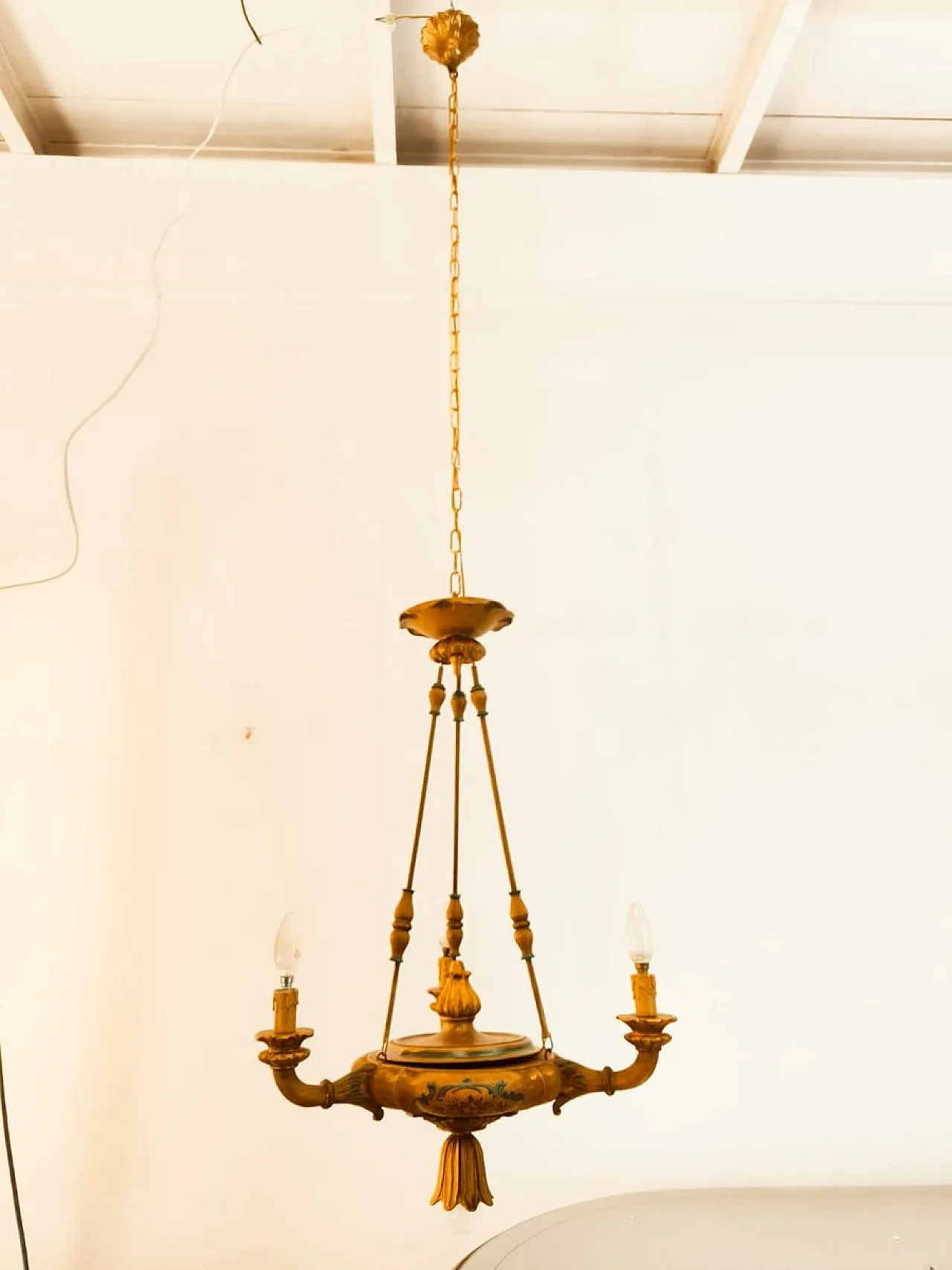 Four-light pendant lamp in decorated wood, 1940s 4