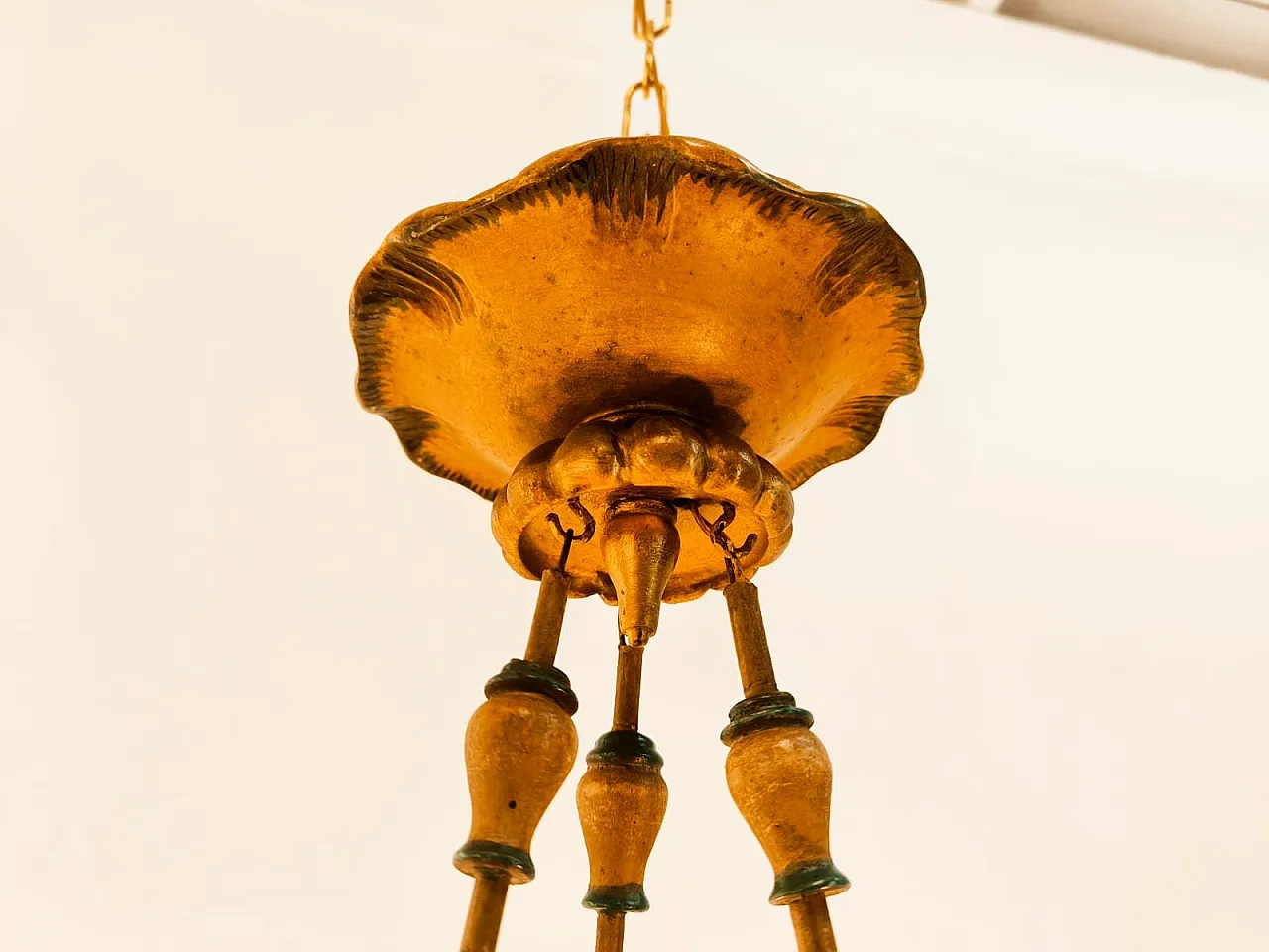 Four-light pendant lamp in decorated wood, 1940s 6