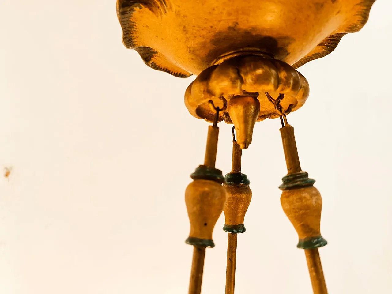 Four-light pendant lamp in decorated wood, 1940s 7