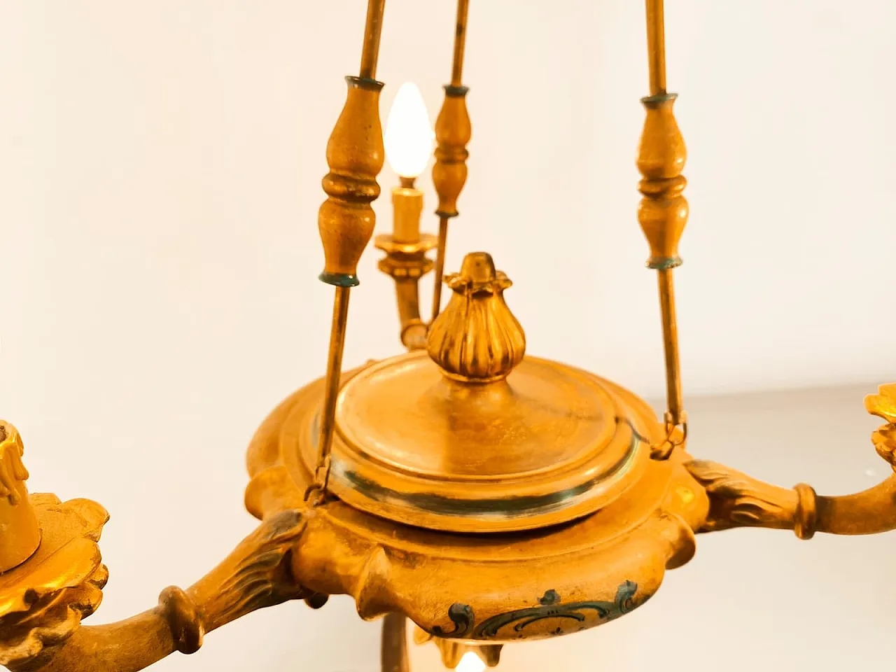 Four-light pendant lamp in decorated wood, 1940s 8