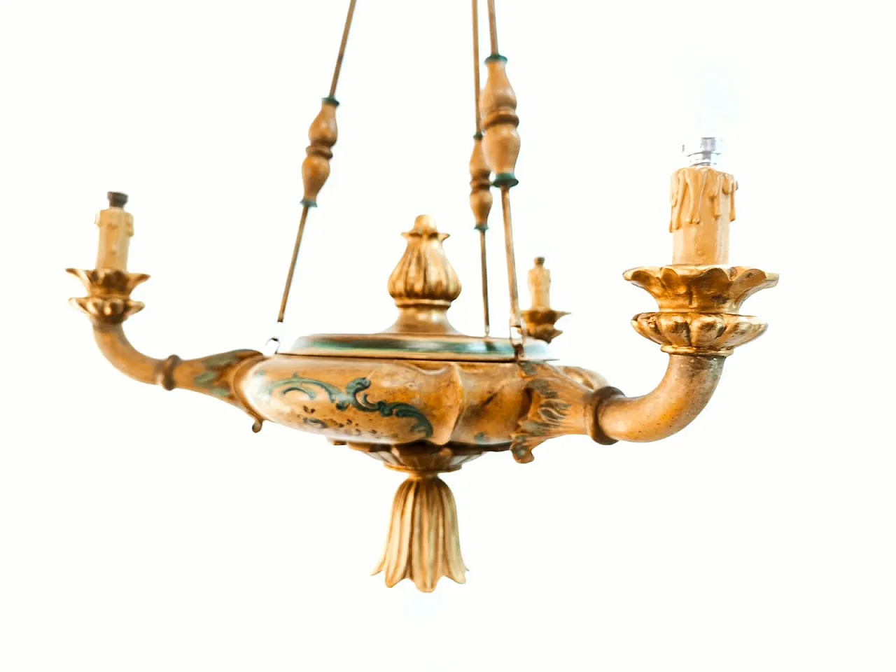 Four-light pendant lamp in decorated wood, 1940s 10