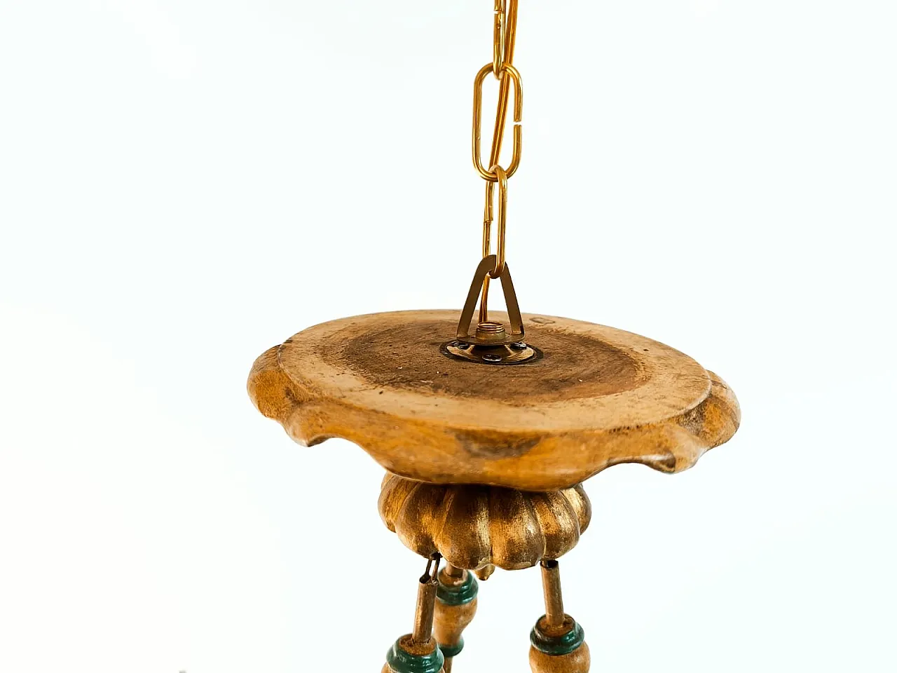 Four-light pendant lamp in decorated wood, 1940s 11