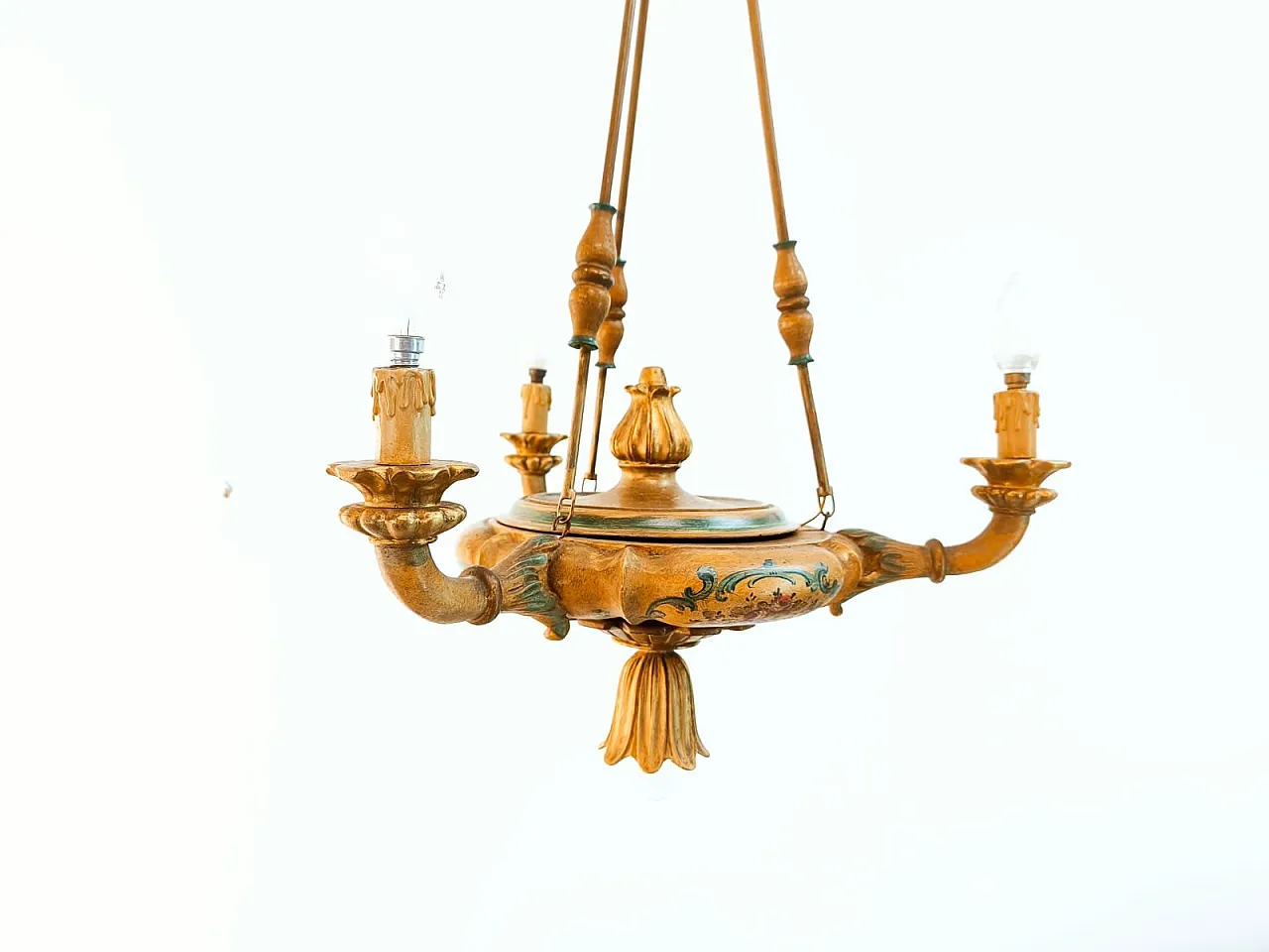 Four-light pendant lamp in decorated wood, 1940s 12