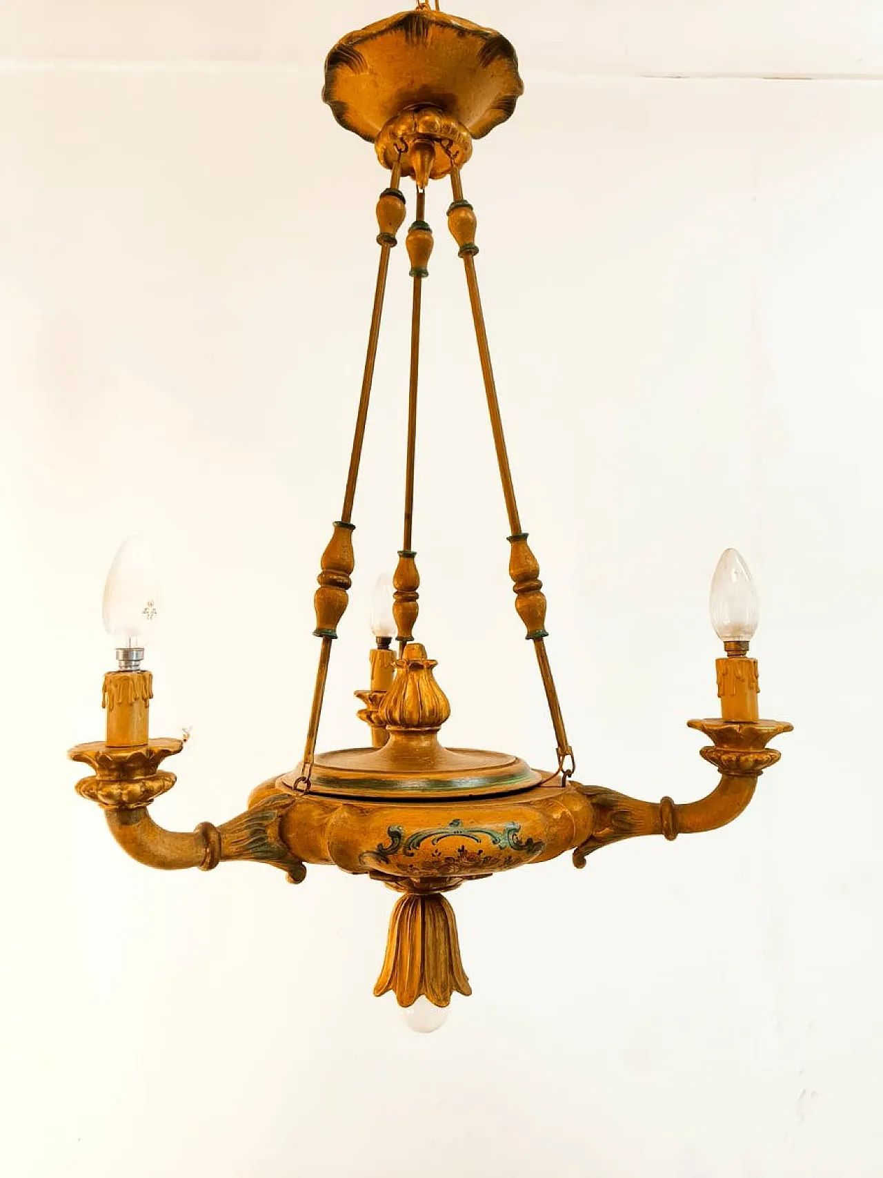 Four-light pendant lamp in decorated wood, 1940s 14