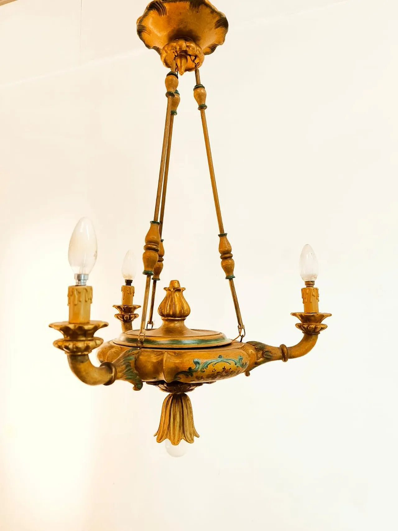 Four-light pendant lamp in decorated wood, 1940s 15