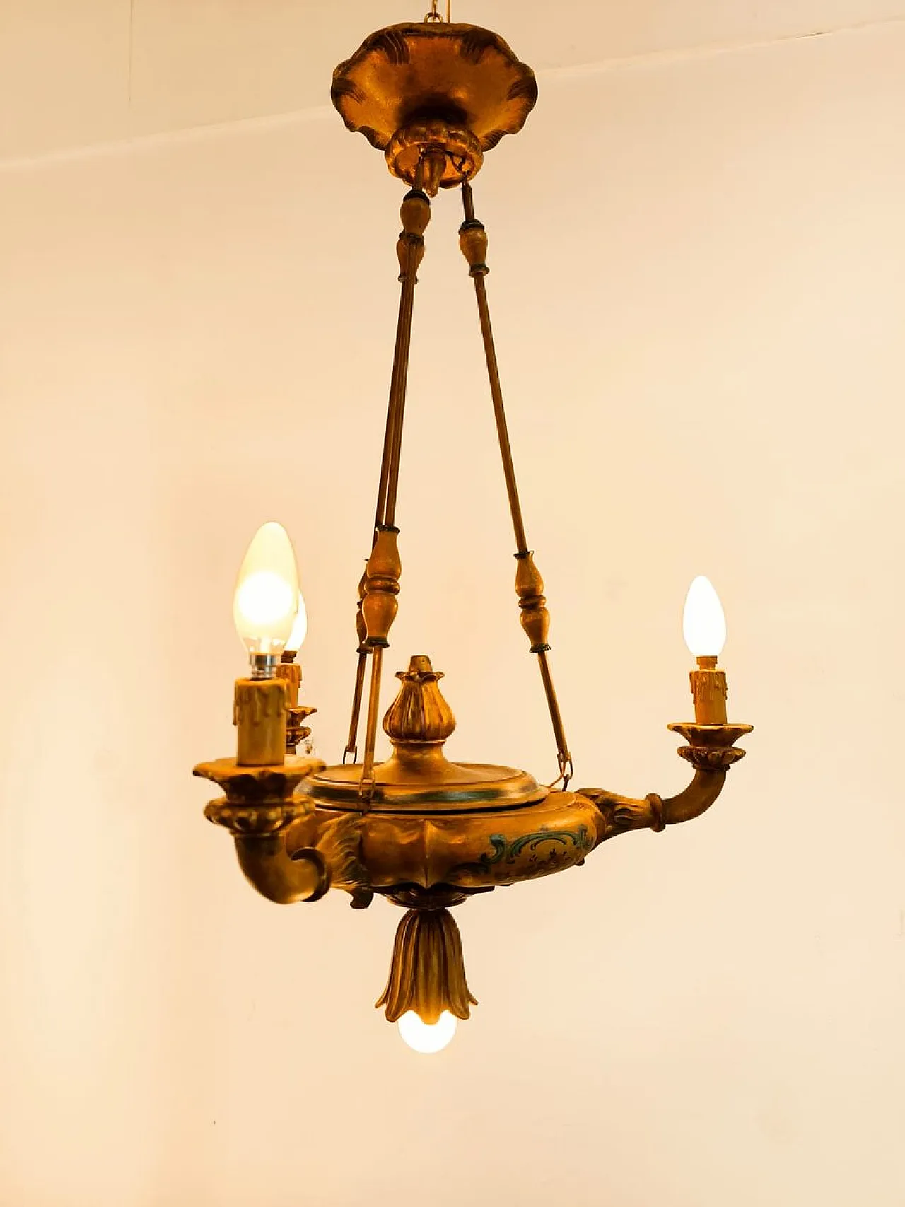 Four-light pendant lamp in decorated wood, 1940s 16