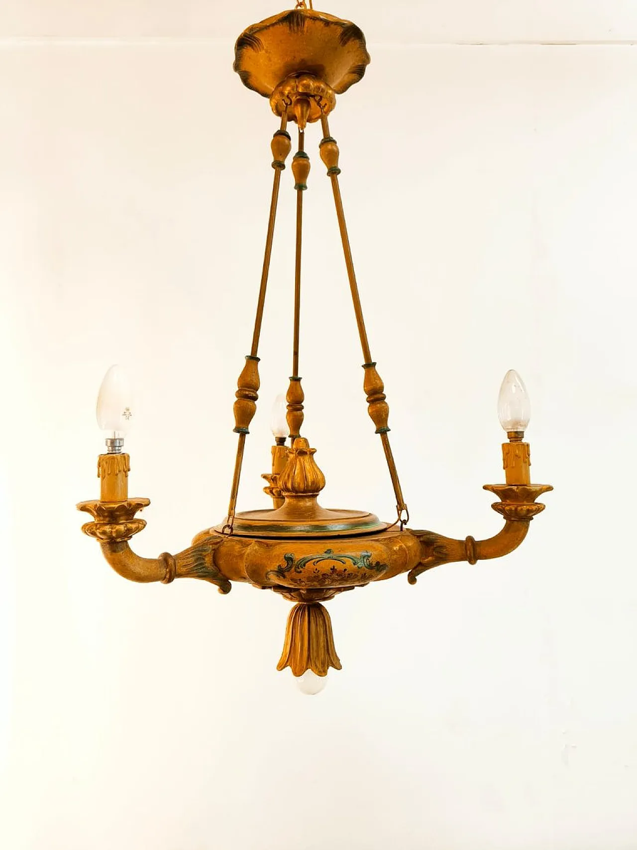 Four-light pendant lamp in decorated wood, 1940s 17