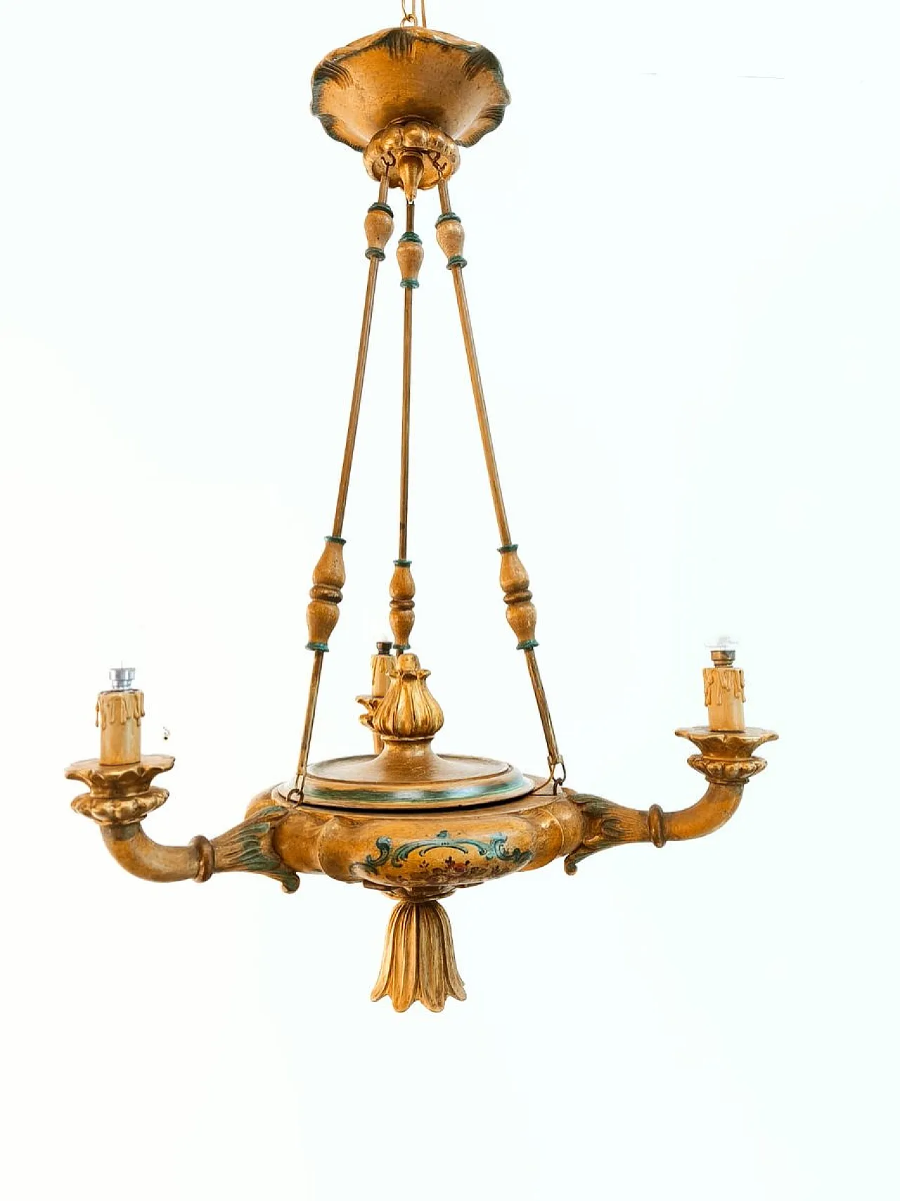 Four-light pendant lamp in decorated wood, 1940s 18