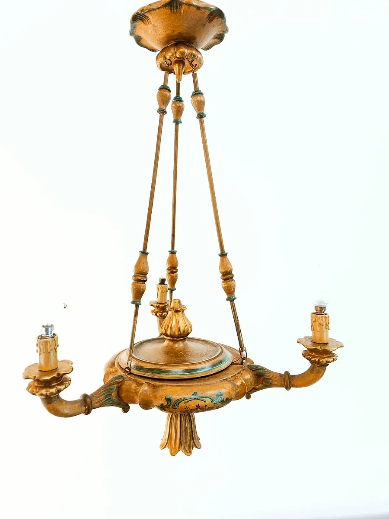 Four-light pendant lamp in decorated wood, 1940s 19