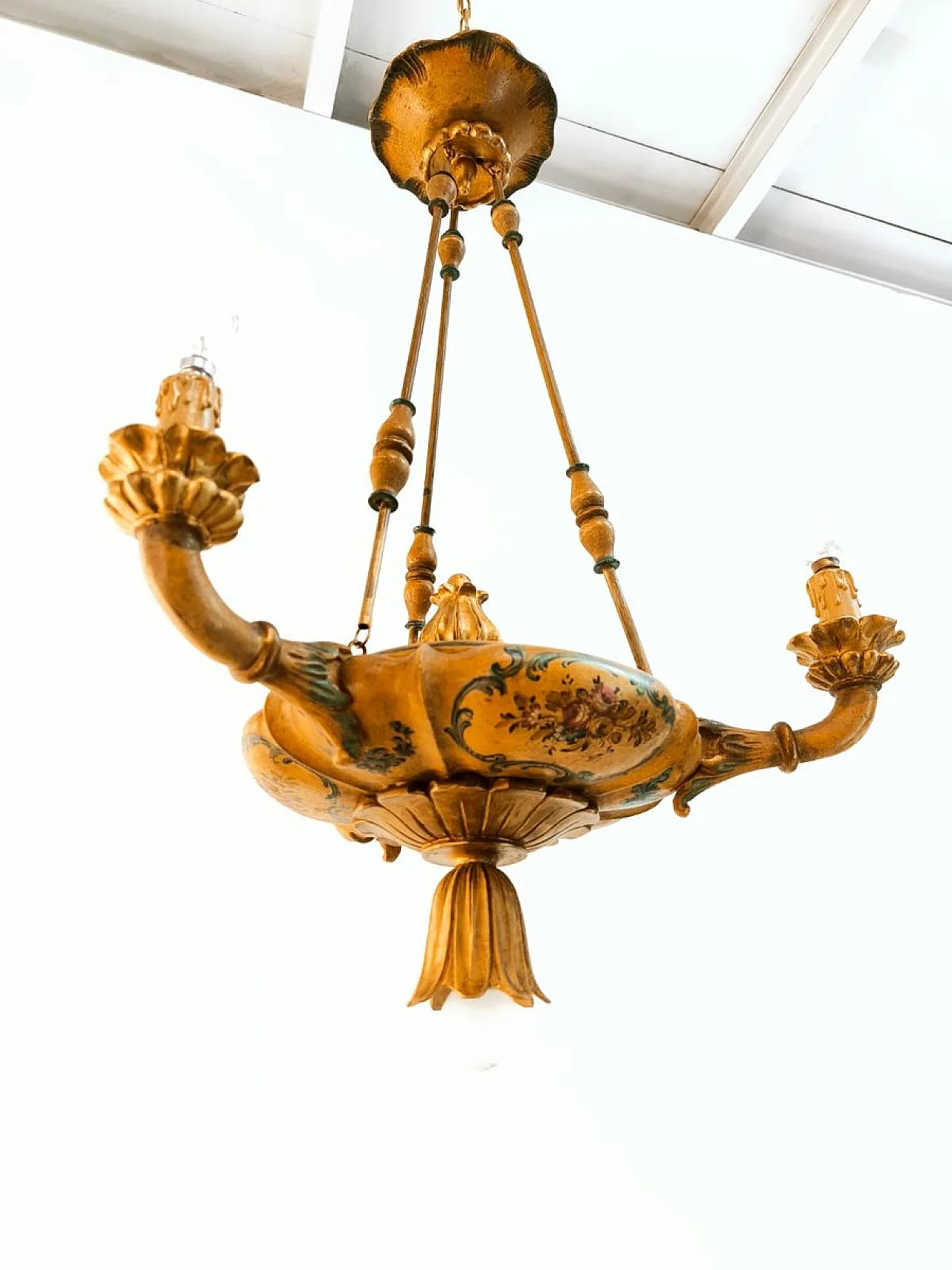 Four-light pendant lamp in decorated wood, 1940s 20