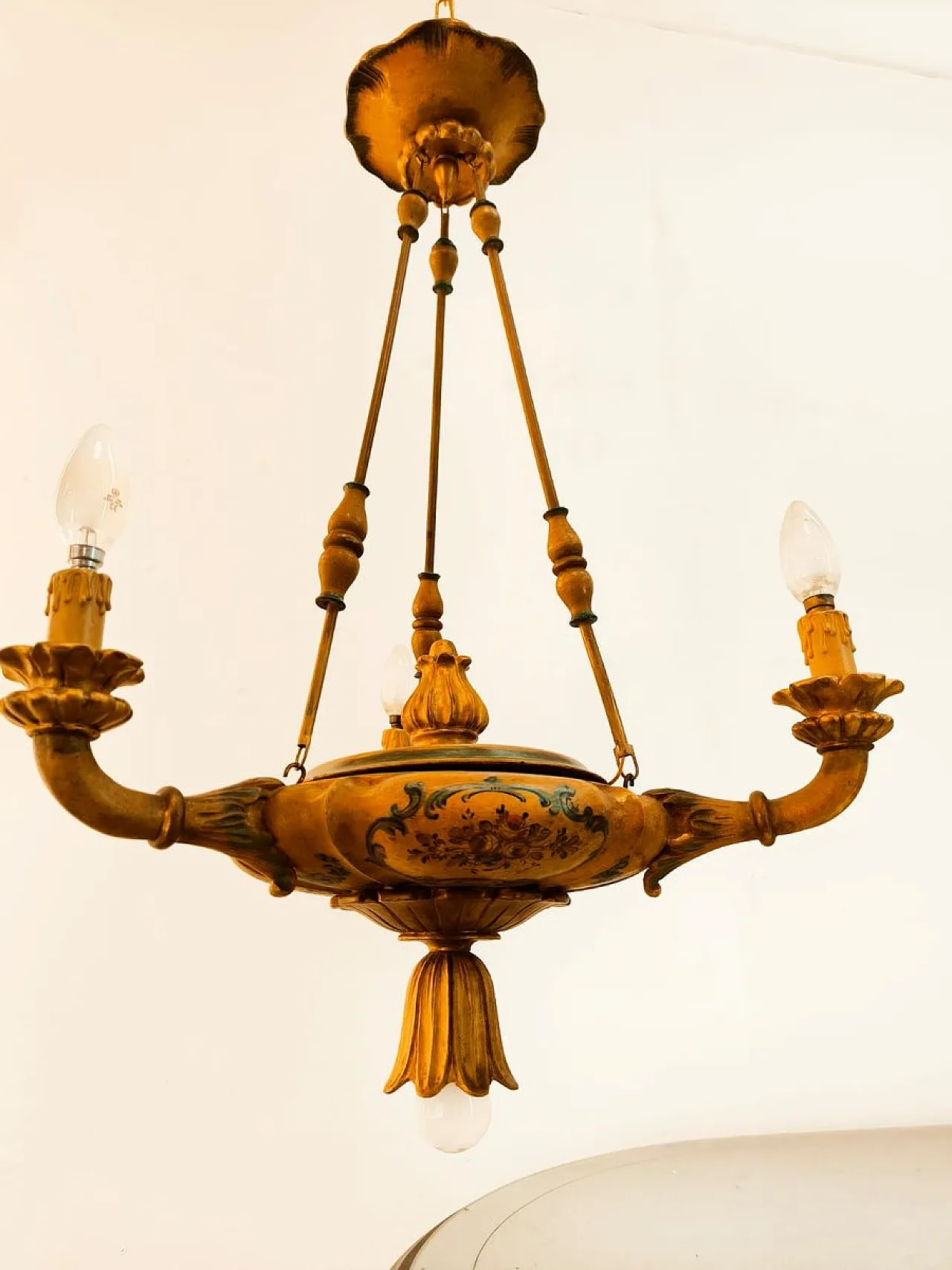 Four-light pendant lamp in decorated wood, 1940s 21