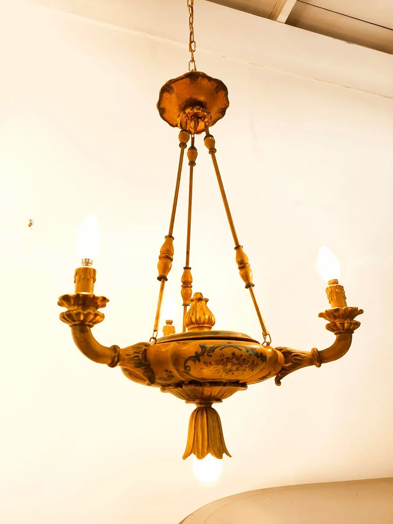 Four-light pendant lamp in decorated wood, 1940s 23