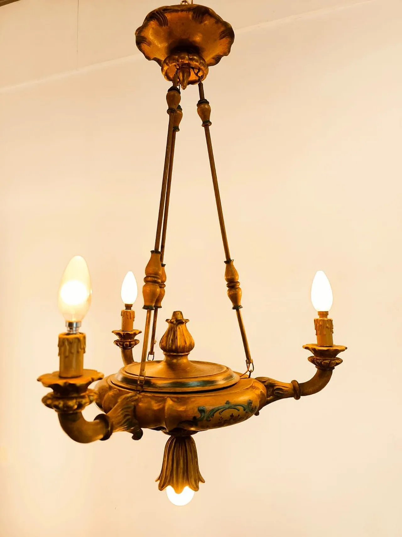 Four-light pendant lamp in decorated wood, 1940s 24